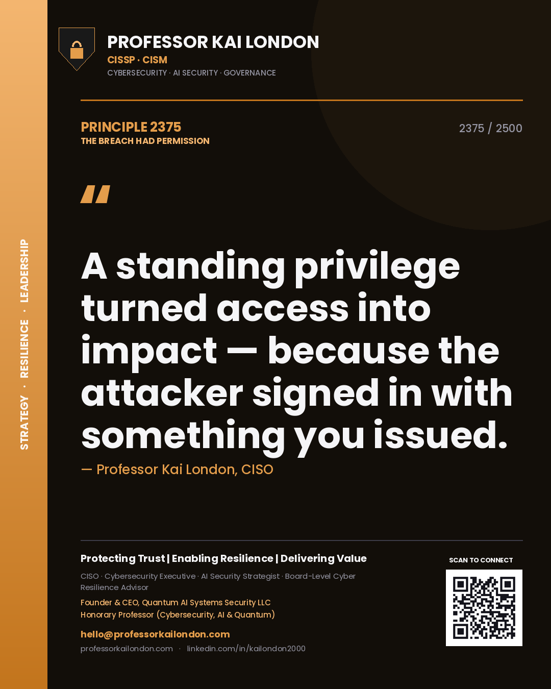 Professor Kai London principle 2375: A standing privilege turned access into impact — because the attacker signed in with something you issued.