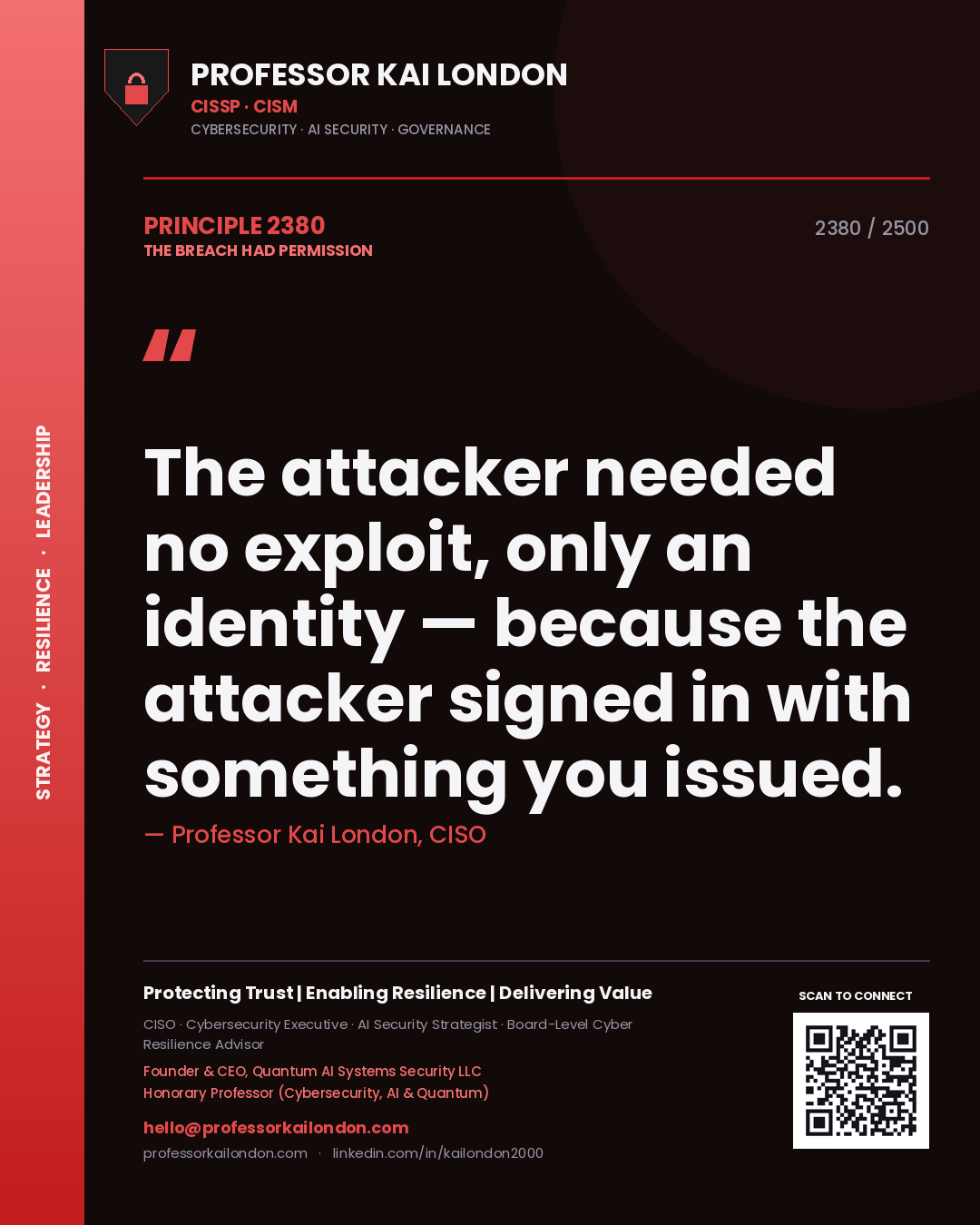 Quote card by Professor Kai London reading 'The attacker needed no exploit, only an identity — because the attacker signed in with something you issued.'. From the book The Breach Had Permission.