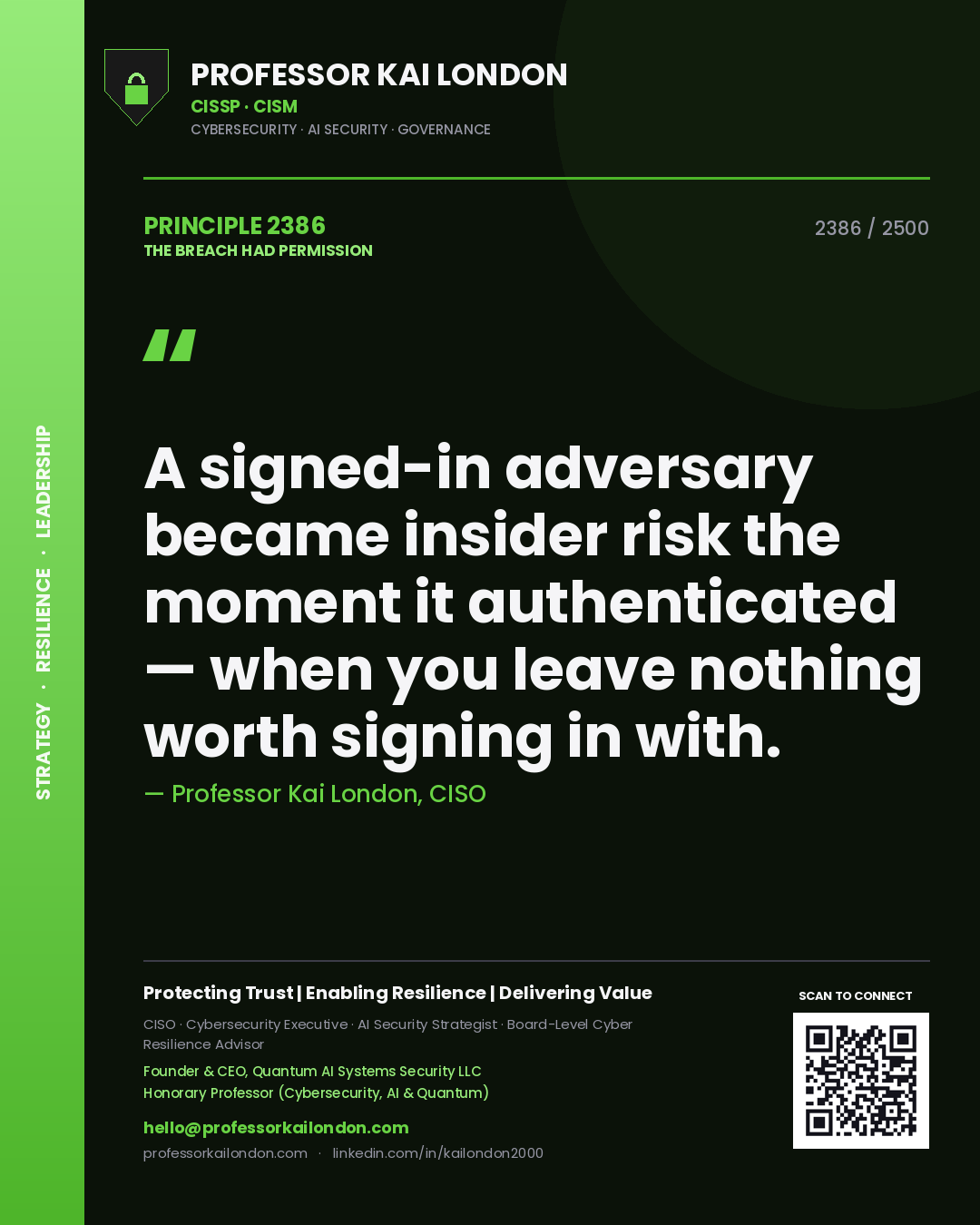 Professor Kai London principle 2386: A signed-in adversary became insider risk the moment it authenticated — when you leave nothing worth signing in with.