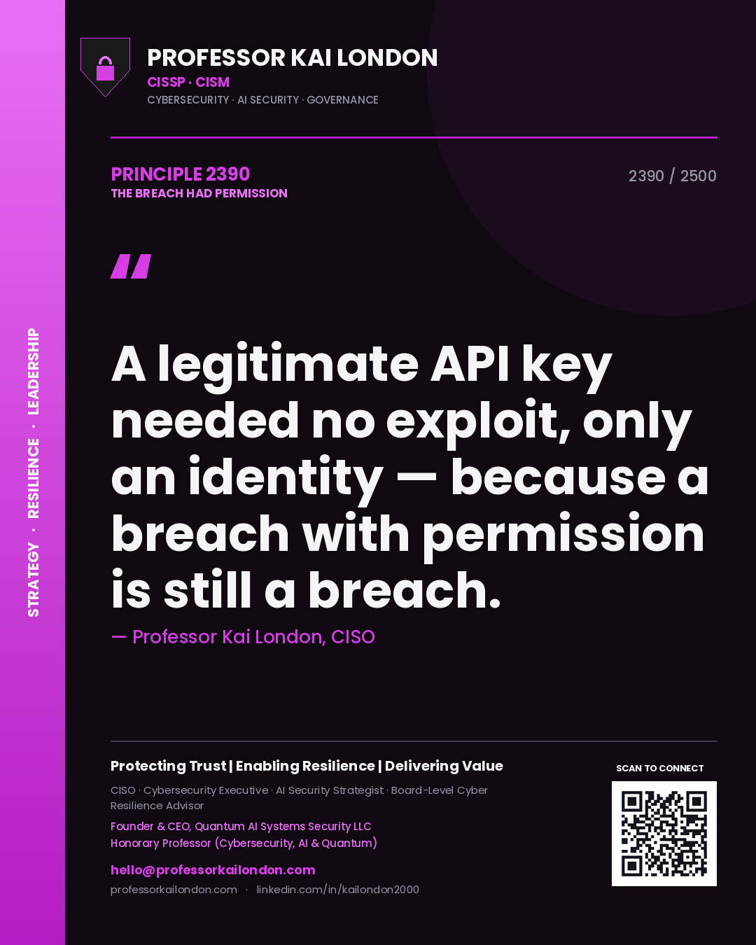 Professor Kai London principle 2390: A legitimate API key needed no exploit, only an identity — because a breach with permission is still a breach.