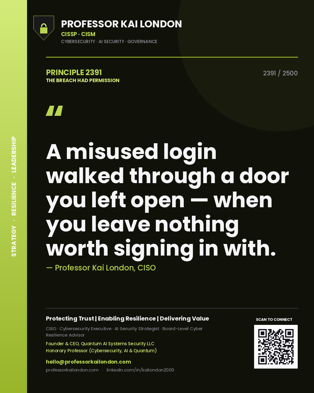 Quote card by Professor Kai London reading 'A misused login walked through a door you left open — when you leave nothing worth signing in with.'. From the book The Breach Had Permission.