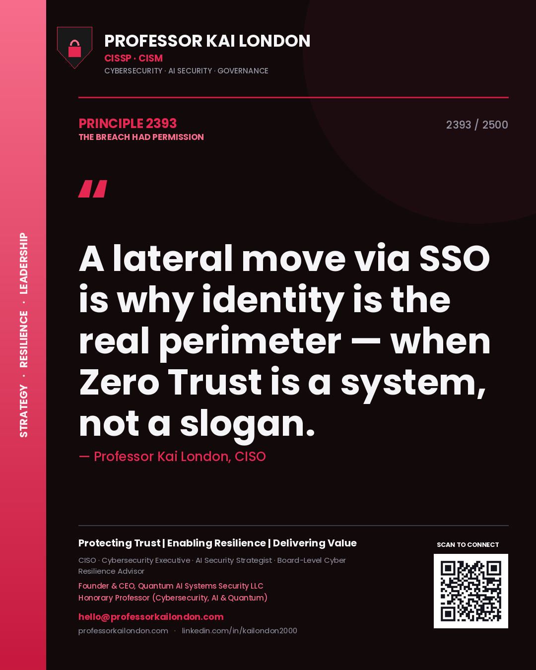 Professor Kai London principle 2393: A lateral move via SSO is why identity is the real perimeter — when Zero Trust is a system, not a slogan.