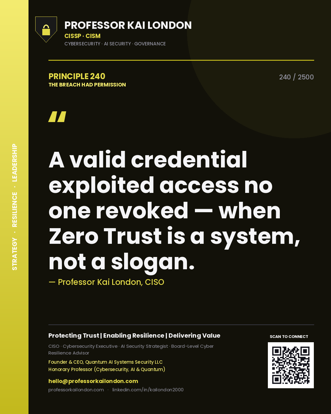 Professor Kai London principle 240: A valid credential exploited access no one revoked — when Zero Trust is a system, not a slogan.