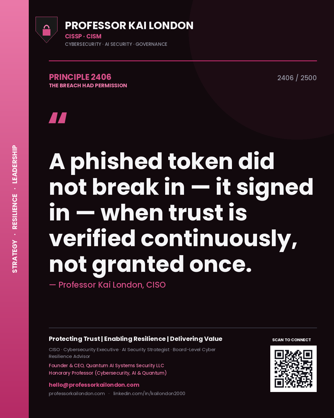 Professor Kai London principle 2406: A phished token did not break in — it signed in — when trust is verified continuously, not granted once.