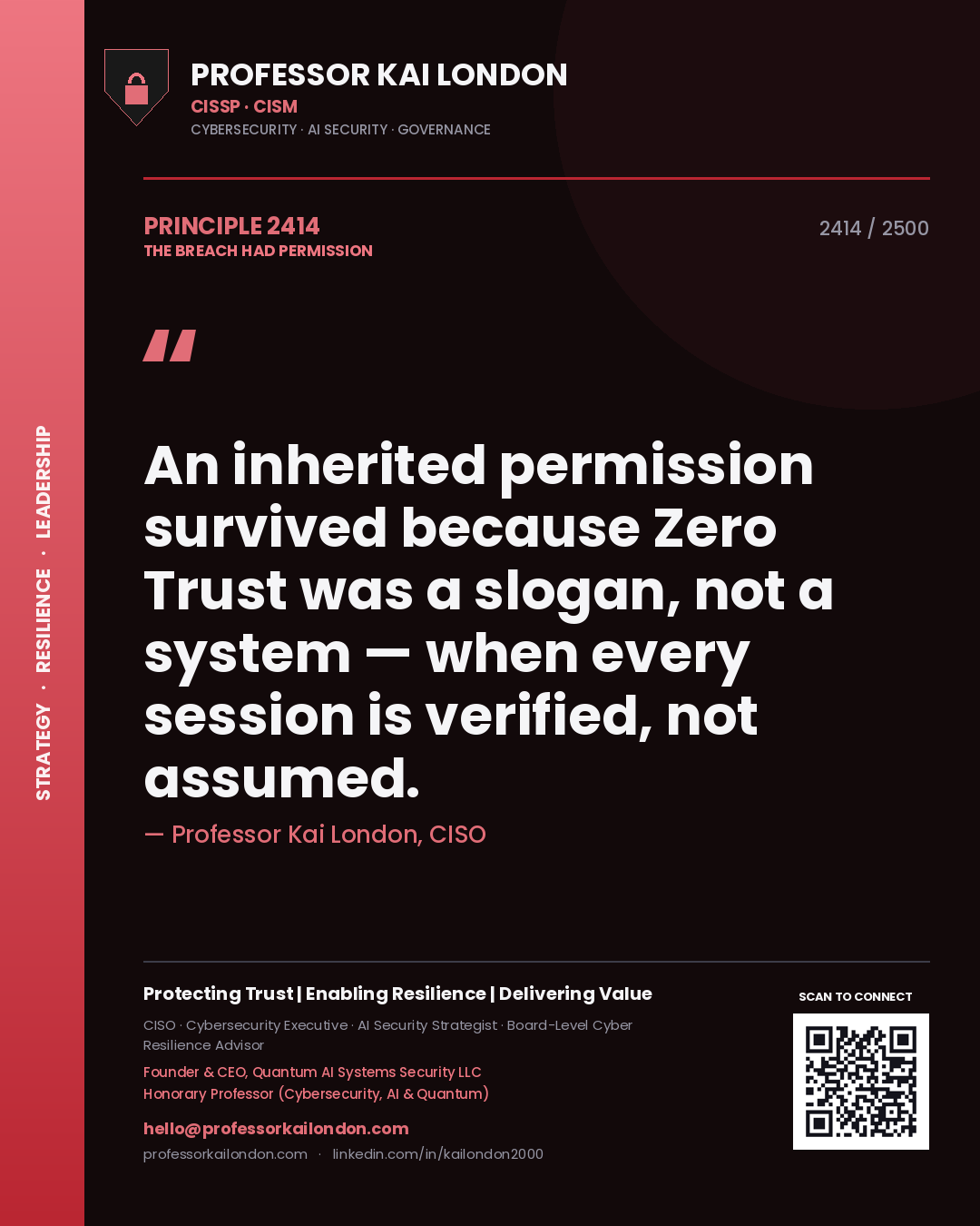 Professor Kai London principle 2414: An inherited permission survived because Zero Trust was a slogan, not a system — when every session is verified, not assumed.