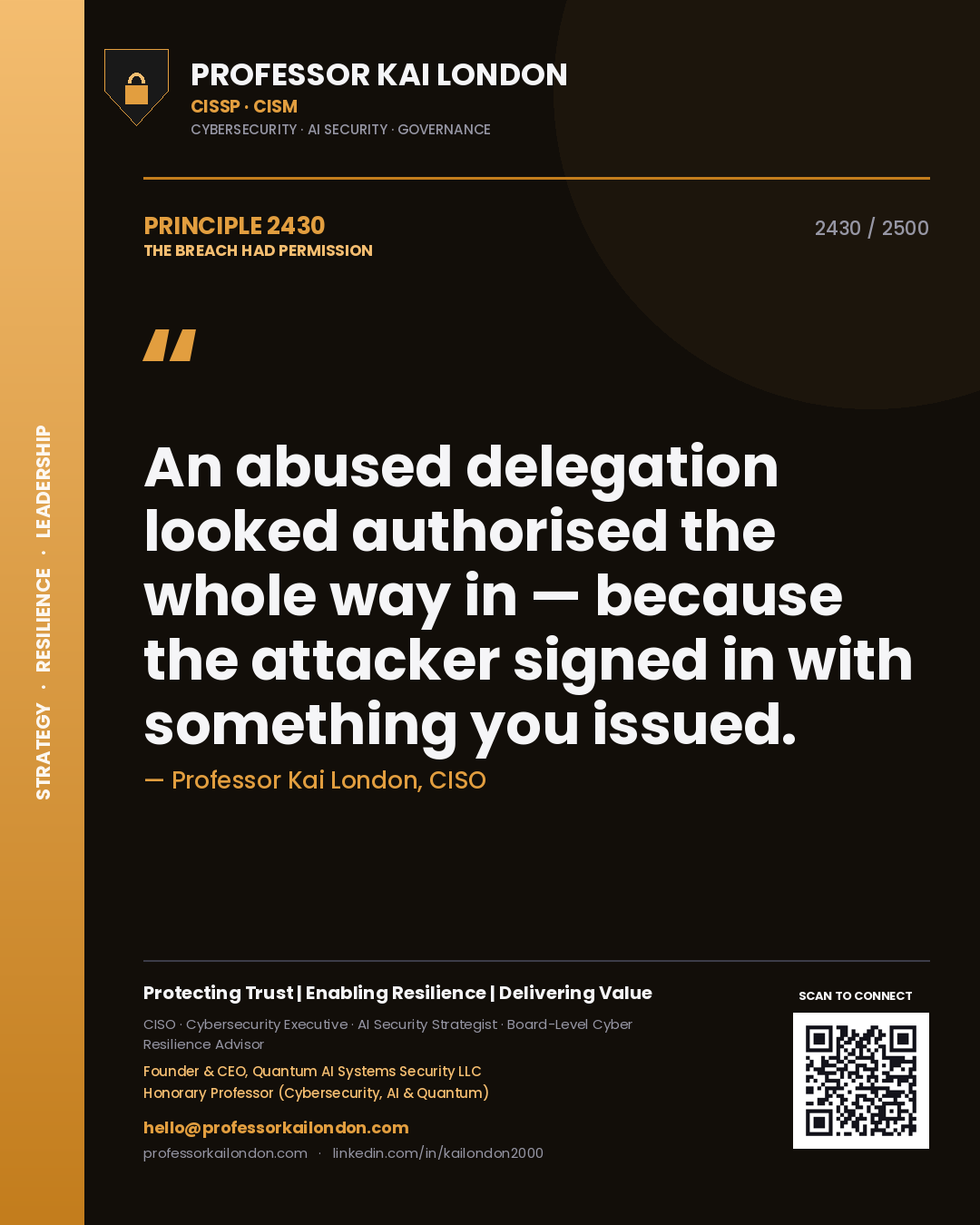 Quote card by Professor Kai London reading 'An abused delegation looked authorised the whole way in — because the attacker signed in with something you issued.'. From the book The Breach Had Permission.
