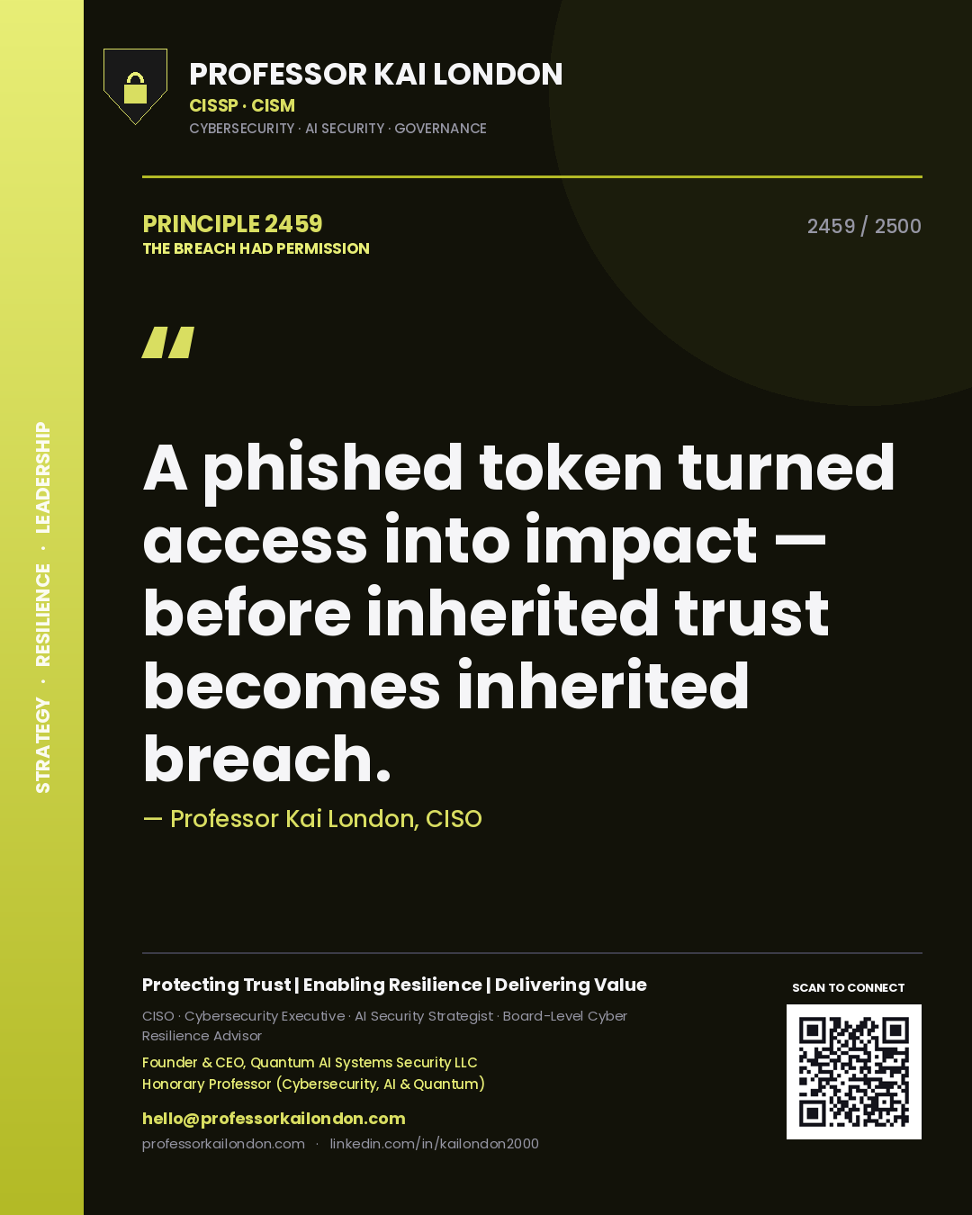 Professor Kai London principle 2459: A phished token turned access into impact — before inherited trust becomes inherited breach.