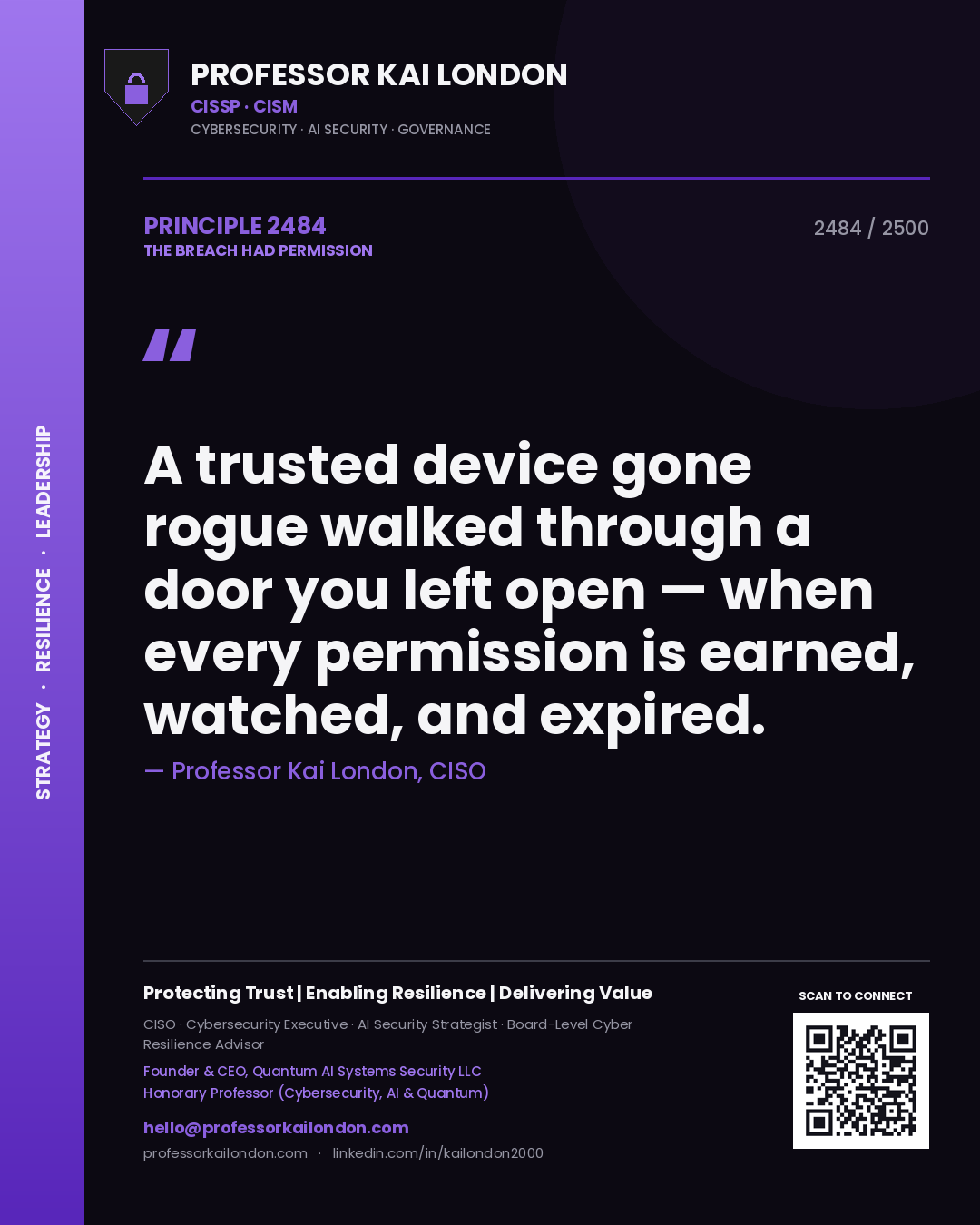 Quote card by Professor Kai London reading 'A trusted device gone rogue walked through a door you left open — when every permission is earned, watched, and expired.'. From the book The Breach Had Permission.