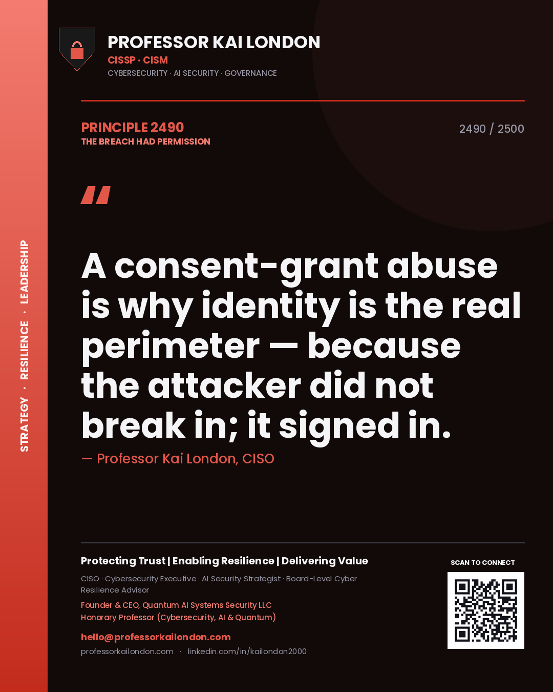 Professor Kai London principle 2490: A consent-grant abuse is why identity is the real perimeter — because the attacker did not break in; it signed in.