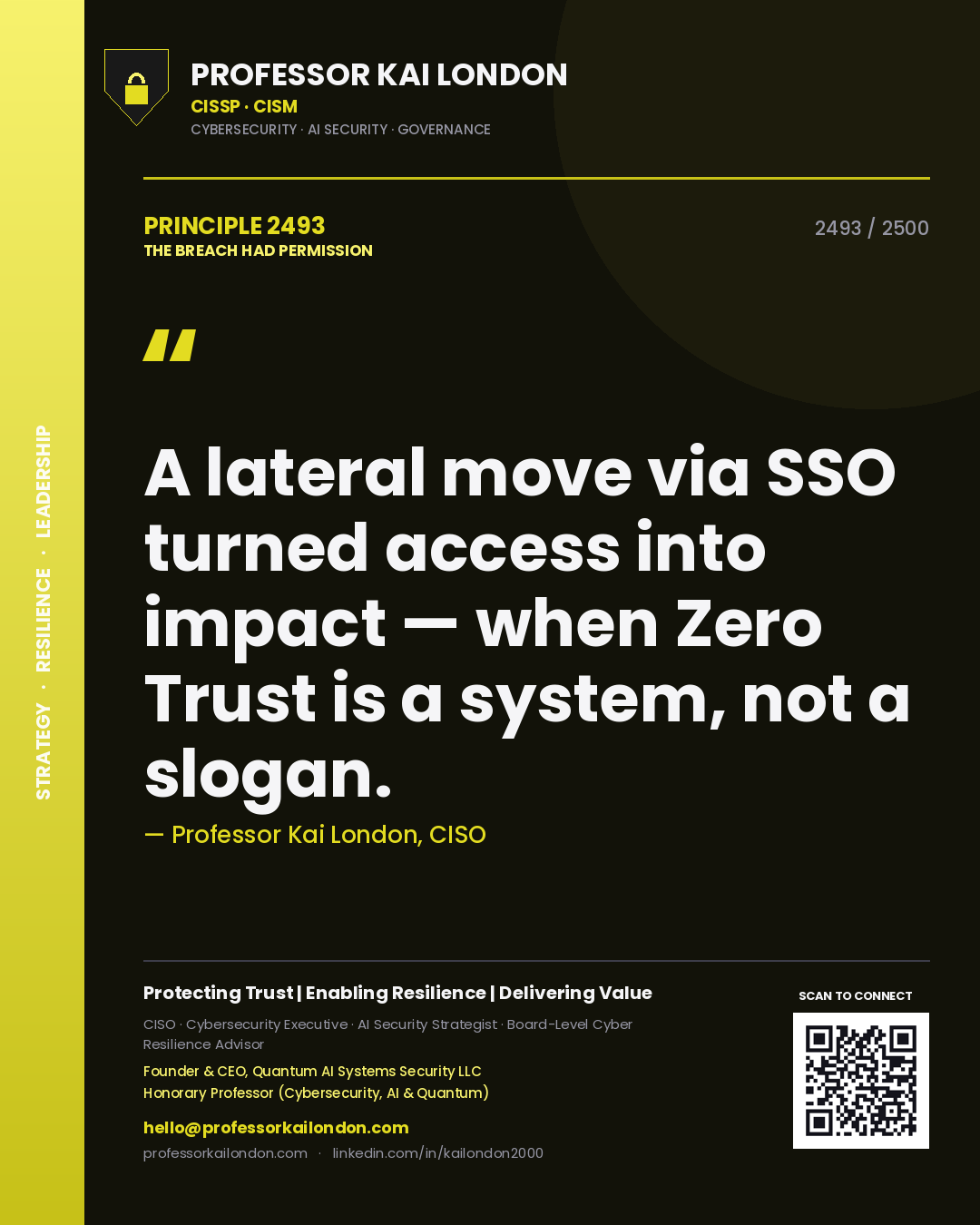 Quote card by Professor Kai London reading 'A lateral move via SSO turned access into impact — when Zero Trust is a system, not a slogan.'. From the book The Breach Had Permission.