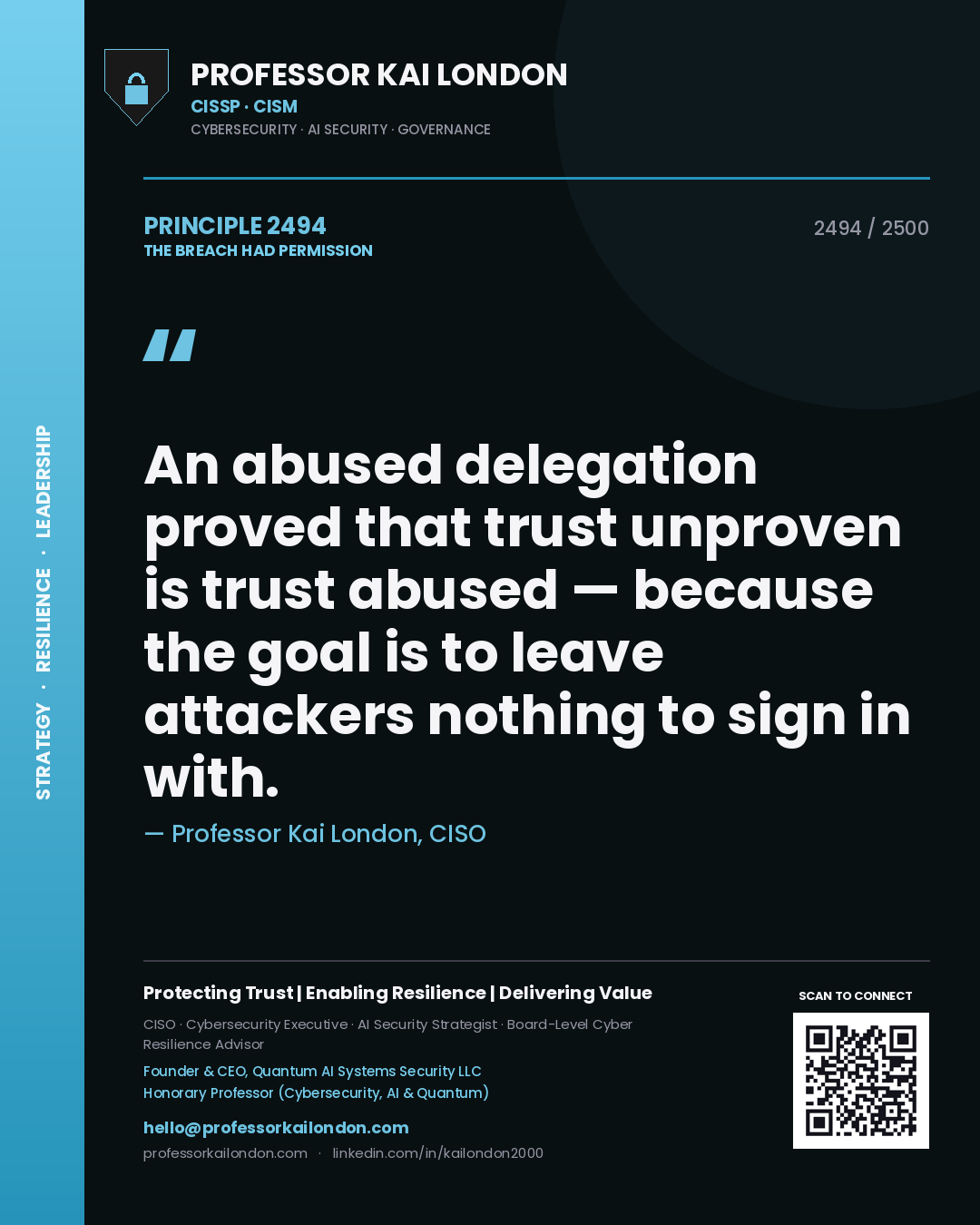 Professor Kai London principle 2494: An abused delegation proved that trust unproven is trust abused — because the goal is to leave attackers nothing to sign in with.