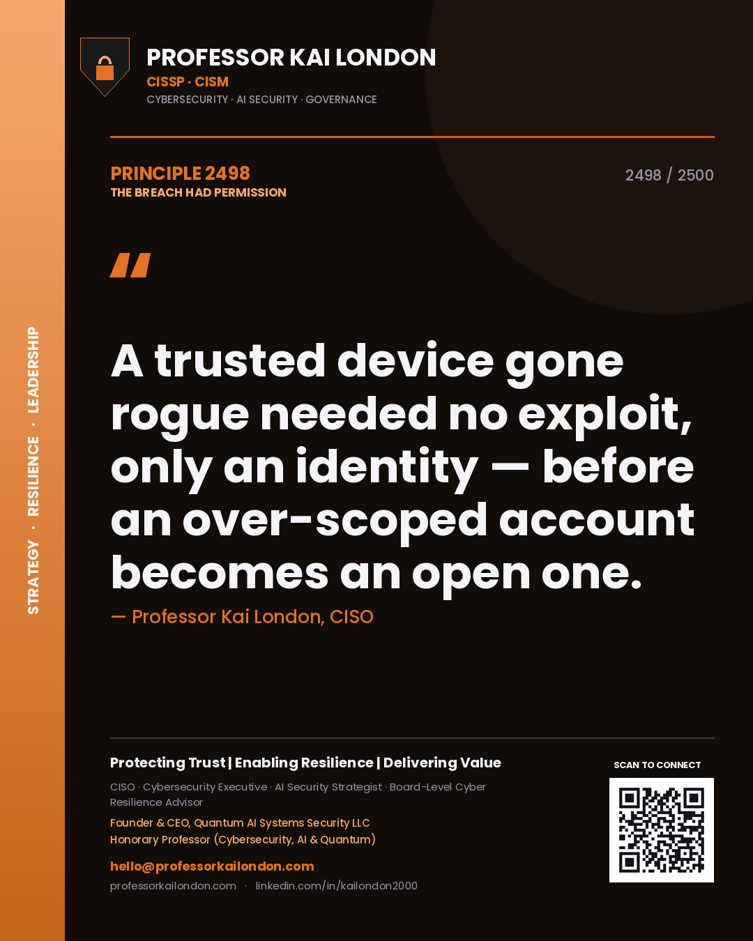 Professor Kai London principle 2498: A trusted device gone rogue needed no exploit, only an identity — before an over-scoped account becomes an open one.