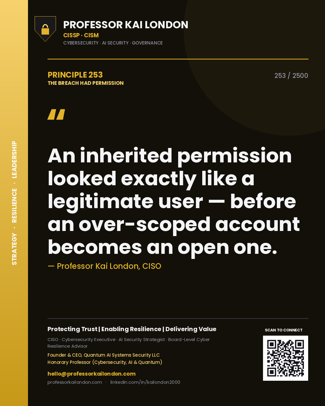 Professor Kai London principle 253: An inherited permission looked exactly like a legitimate user — before an over-scoped account becomes an open one.