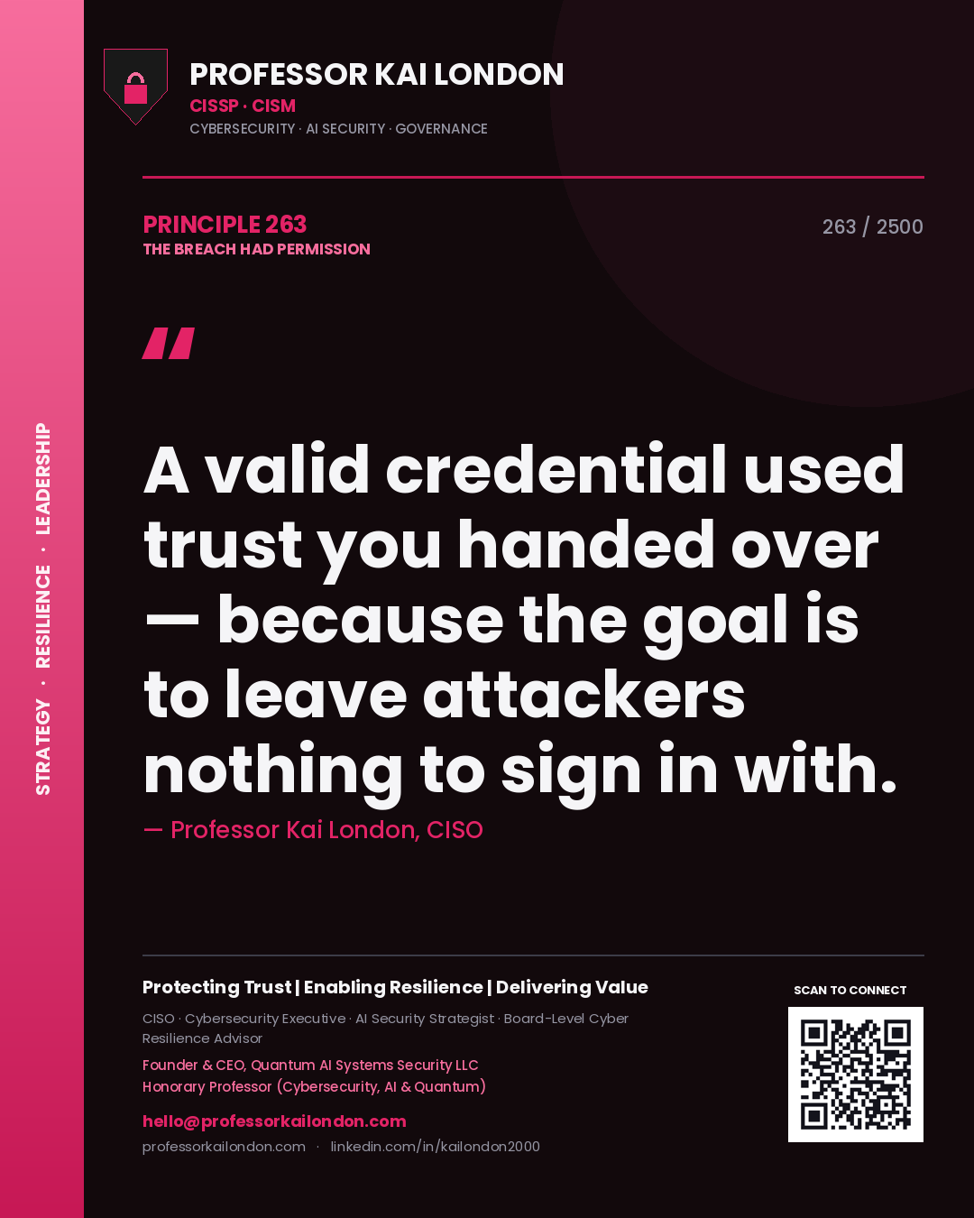 Professor Kai London principle 263: A valid credential used trust you handed over — because the goal is to leave attackers nothing to sign in with.