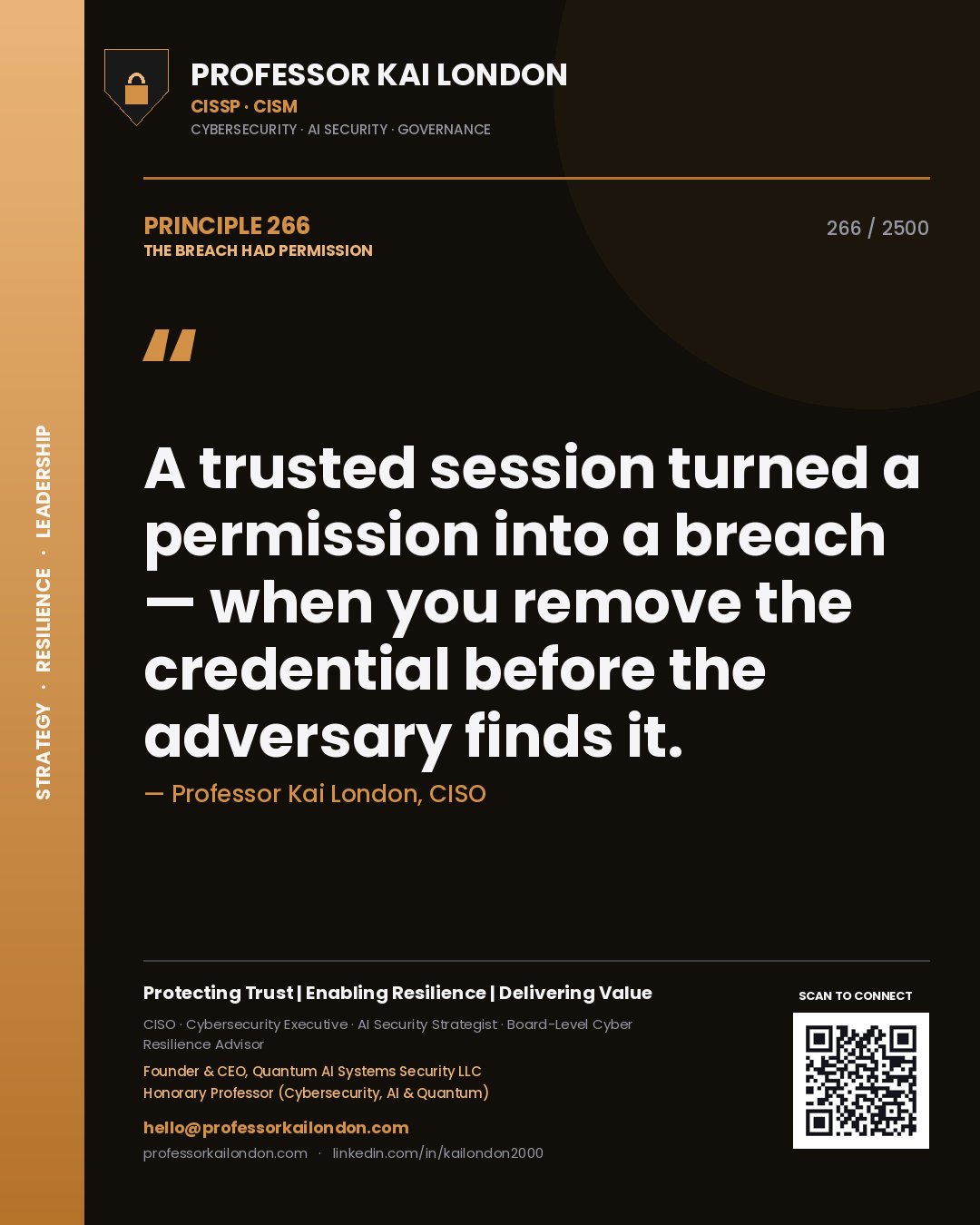 Quote card by Professor Kai London reading 'A trusted session turned a permission into a breach — when you remove the credential before the adversary finds it.'. From the book The Breach Had Permission.