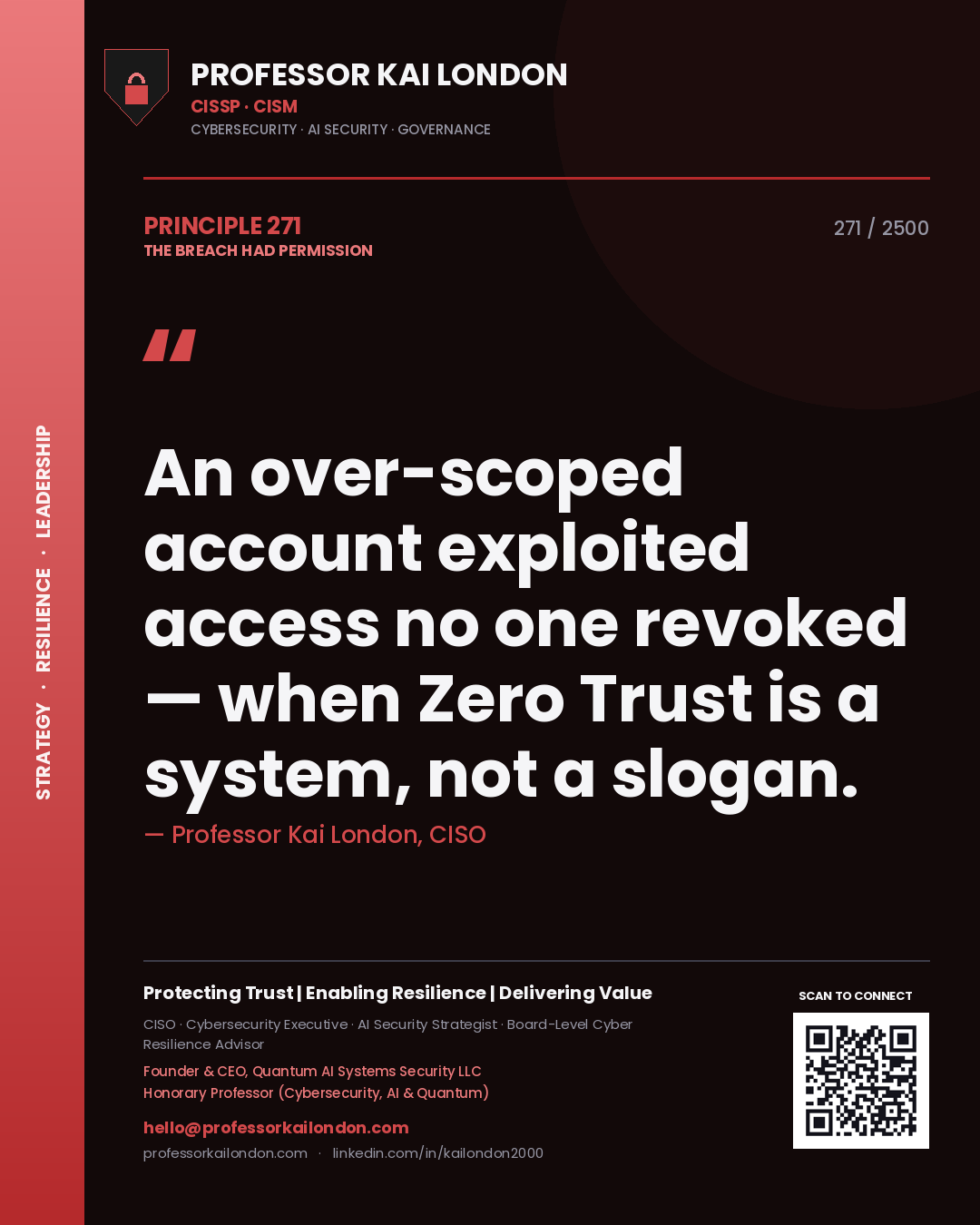 Professor Kai London principle 271: An over-scoped account exploited access no one revoked — when Zero Trust is a system, not a slogan.