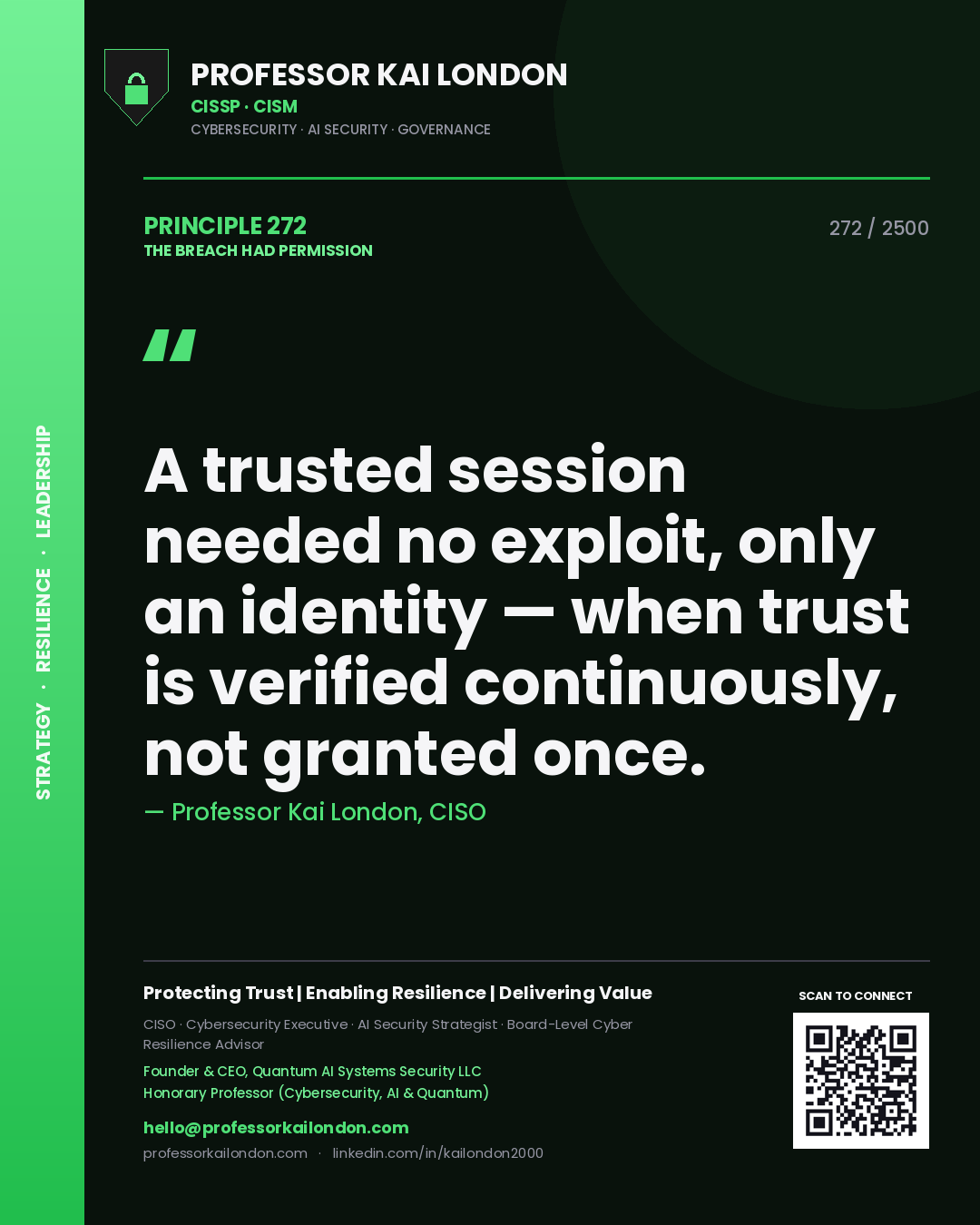 Quote card by Professor Kai London reading 'A trusted session needed no exploit, only an identity — when trust is verified continuously, not granted once.'. From the book The Breach Had Permission.