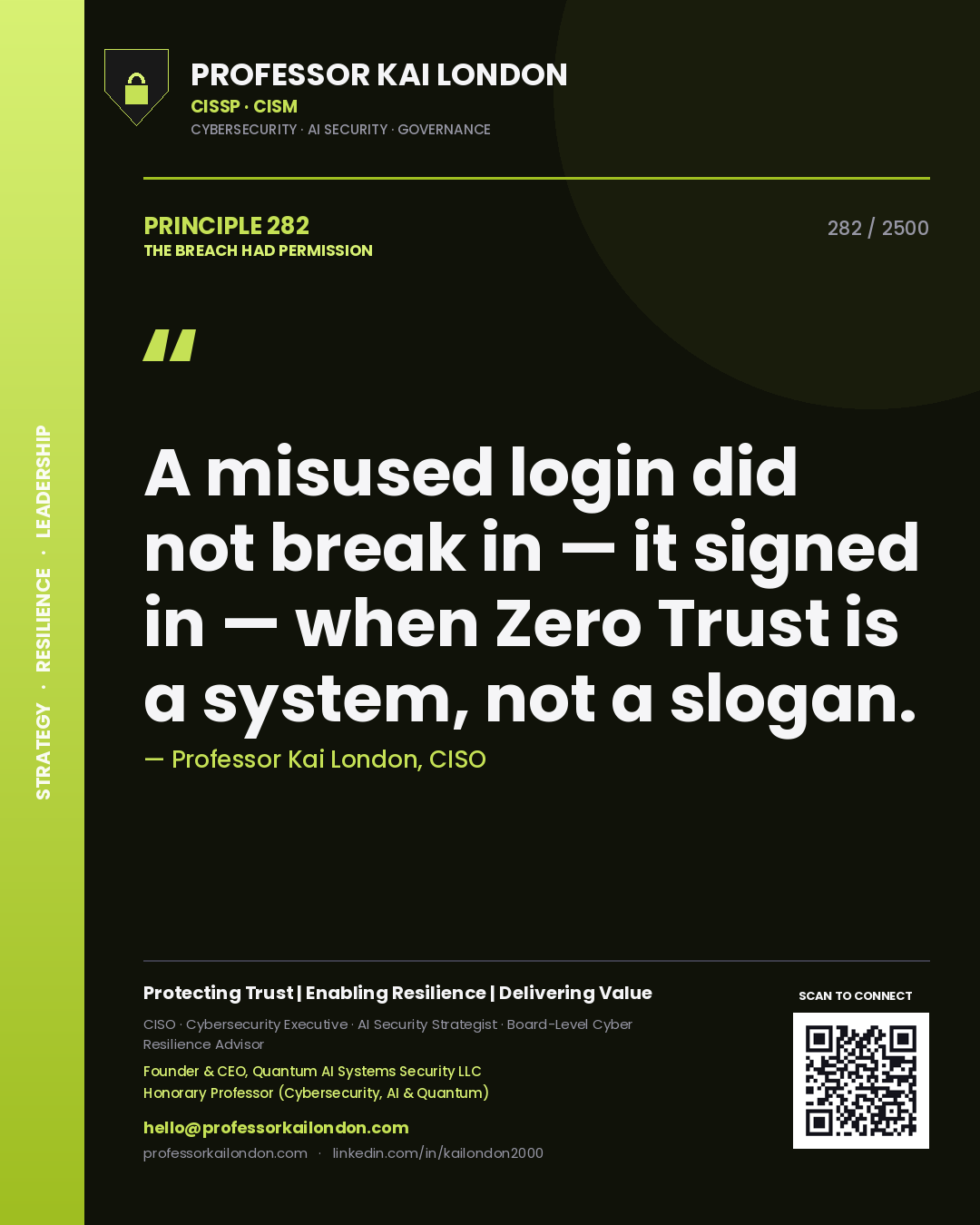Professor Kai London principle 282: A misused login did not break in — it signed in — when Zero Trust is a system, not a slogan.