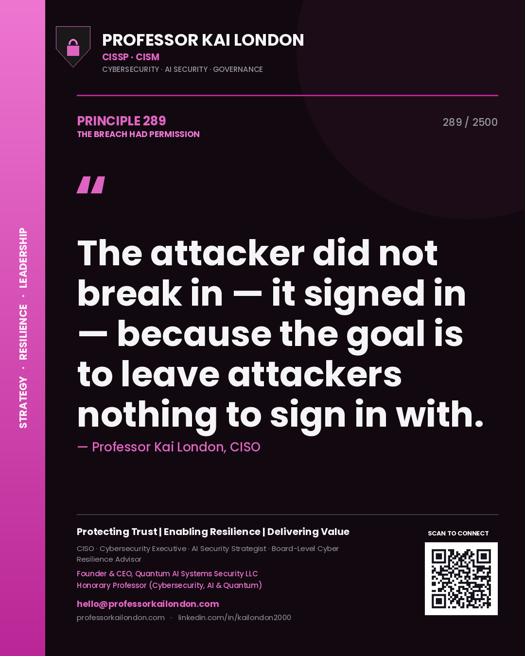Quote card by Professor Kai London reading 'The attacker did not break in — it signed in — because the goal is to leave attackers nothing to sign in with.'. From the book The Breach Had Permission.
