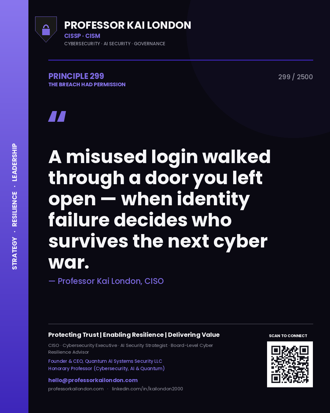 Quote card by Professor Kai London reading 'A misused login walked through a door you left open — when identity failure decides who survives the next cyber war.'. From the book The Breach Had Permission.