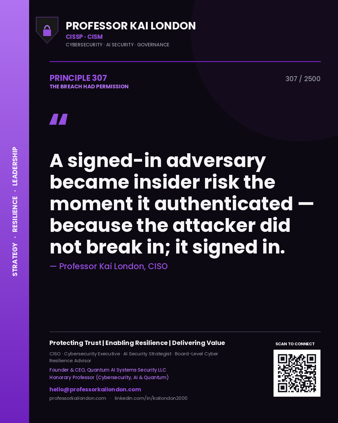 Professor Kai London principle 307: A signed-in adversary became insider risk the moment it authenticated — because the attacker did not break in; it signed in.