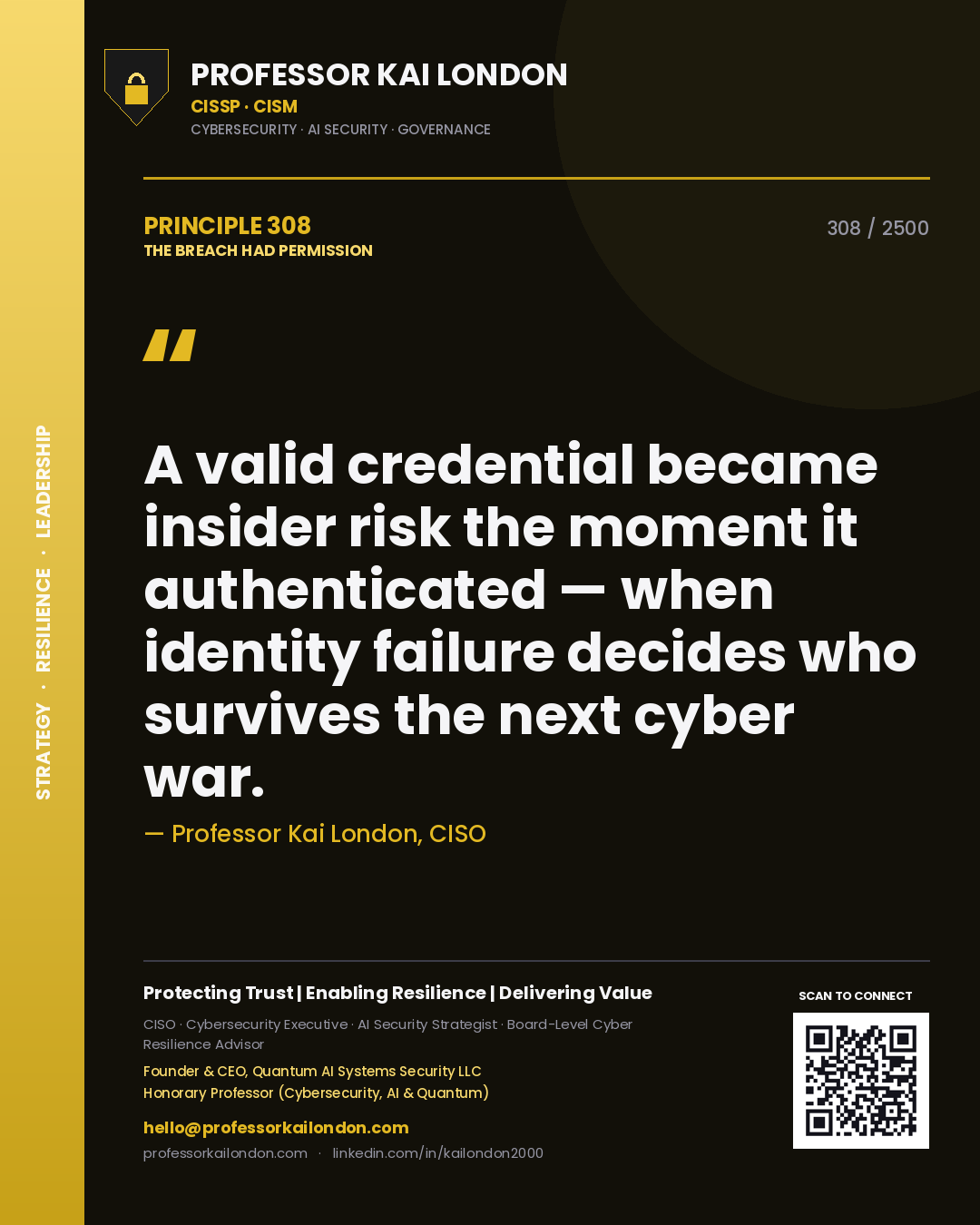Quote card by Professor Kai London reading 'A valid credential became insider risk the moment it authenticated — when identity failure decides who survives the next cyber war.'. From the book The Breach Had Permission.