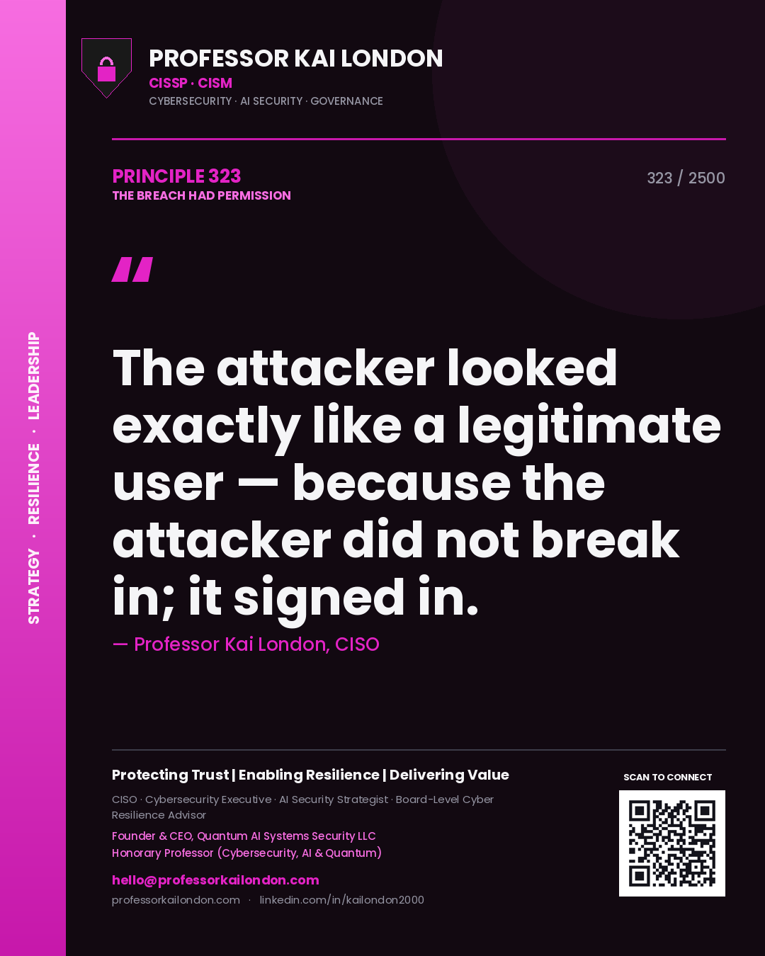 Quote card by Professor Kai London reading 'The attacker looked exactly like a legitimate user — because the attacker did not break in; it signed in.'. From the book The Breach Had Permission.