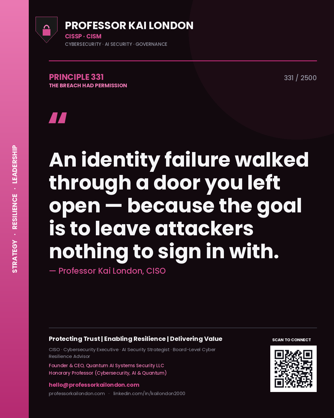 Professor Kai London principle 331: An identity failure walked through a door you left open — because the goal is to leave attackers nothing to sign in with.