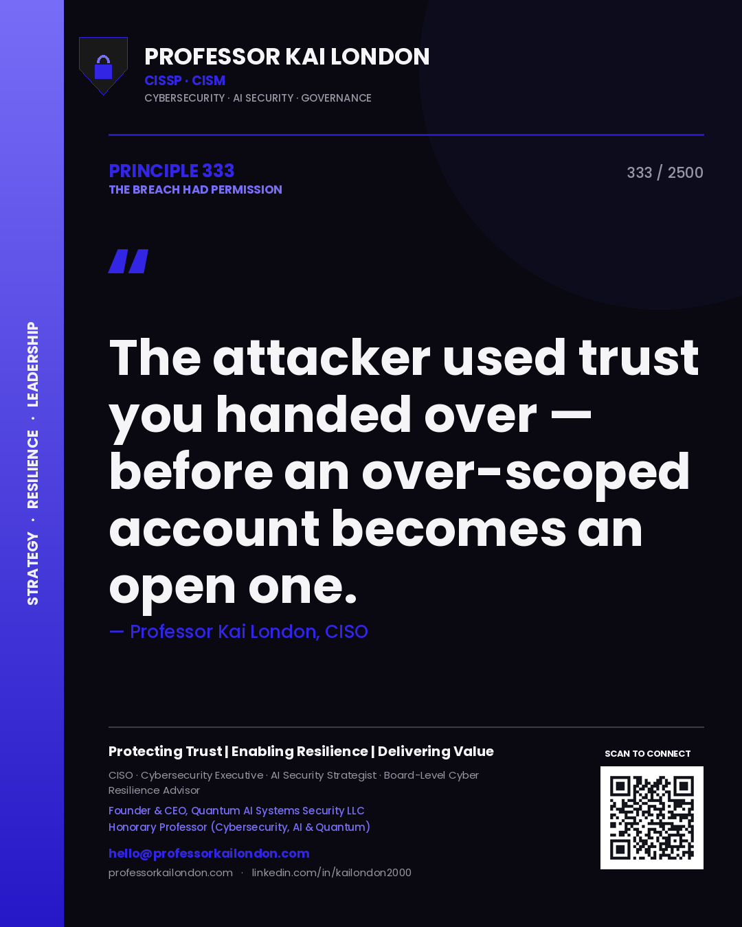 Quote card by Professor Kai London reading 'The attacker used trust you handed over — before an over-scoped account becomes an open one.'. From the book The Breach Had Permission.