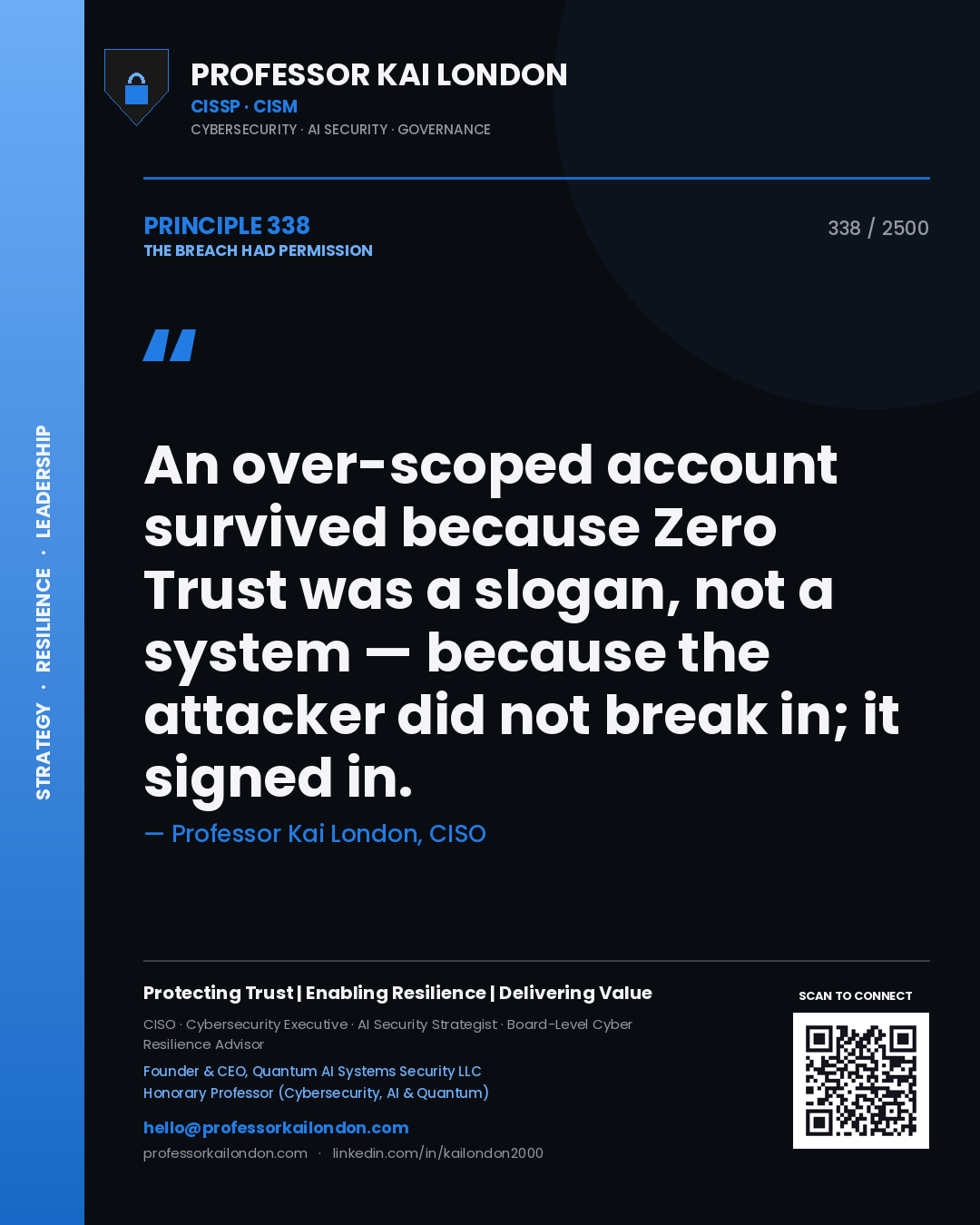 Professor Kai London principle 338: An over-scoped account survived because Zero Trust was a slogan, not a system — because the attacker did not break in; it signed in.