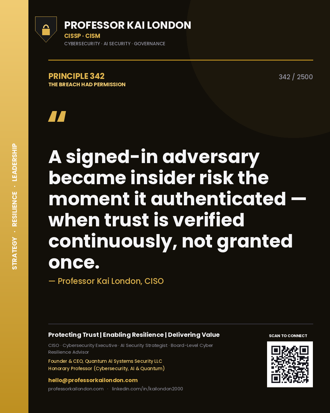 Professor Kai London principle 342: A signed-in adversary became insider risk the moment it authenticated — when trust is verified continuously, not granted once.