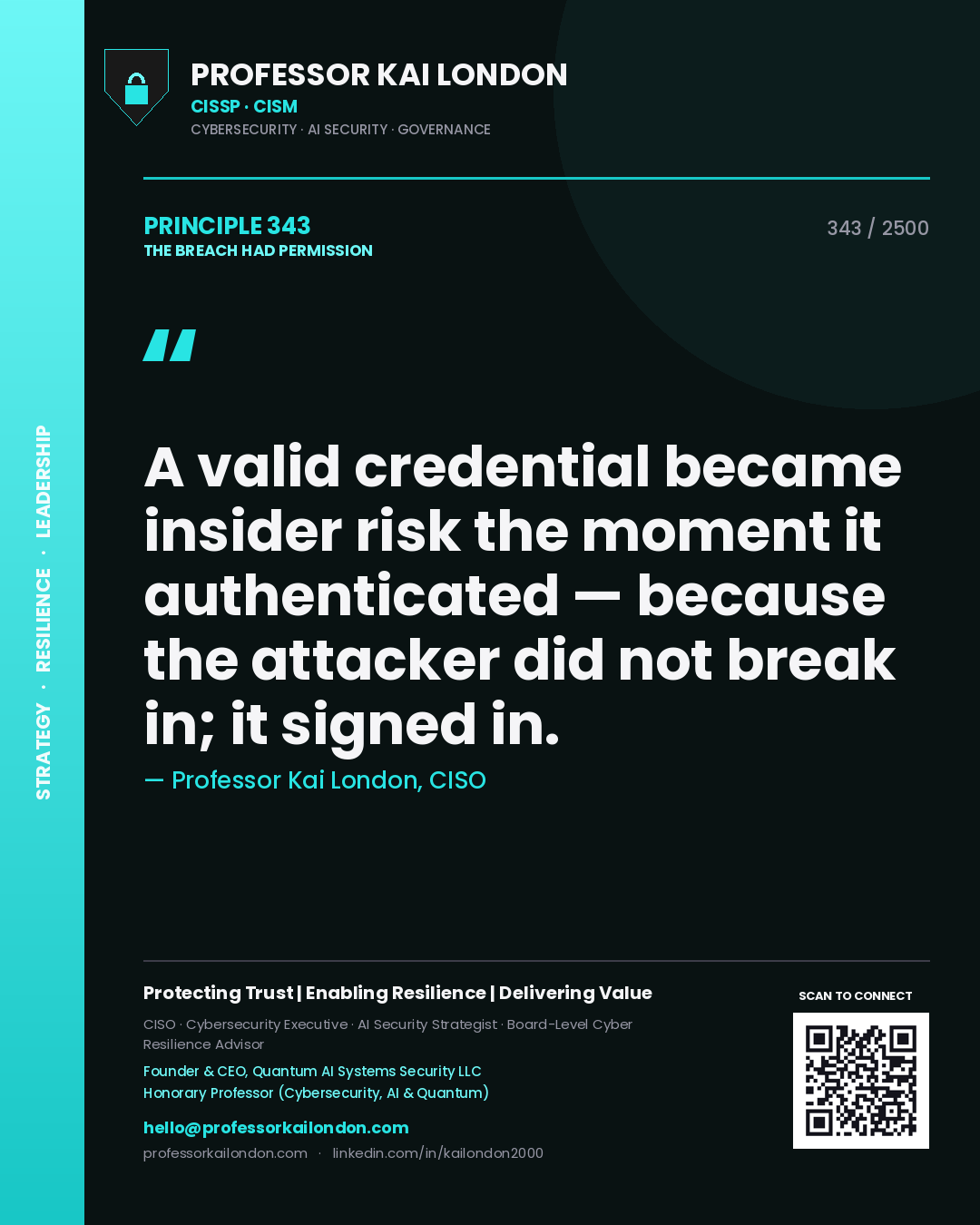 Quote card by Professor Kai London reading 'A valid credential became insider risk the moment it authenticated — because the attacker did not break in; it signed in.'. From the book The Breach Had Permission.