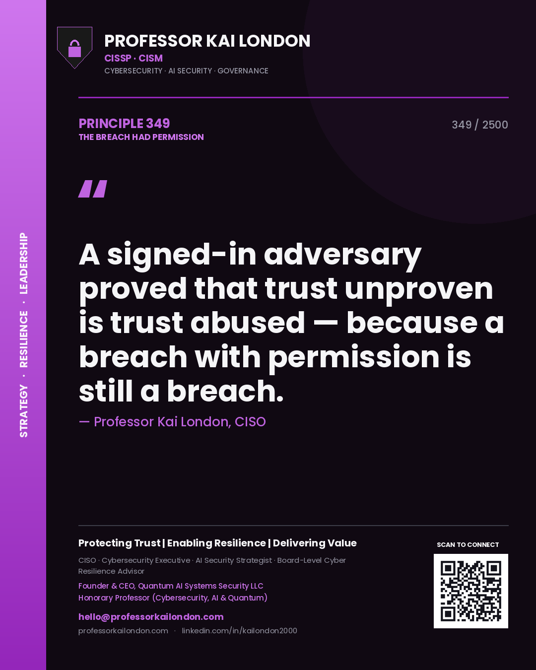 Quote card by Professor Kai London reading 'A signed-in adversary proved that trust unproven is trust abused — because a breach with permission is still a breach.'. From the book The Breach Had Permission.