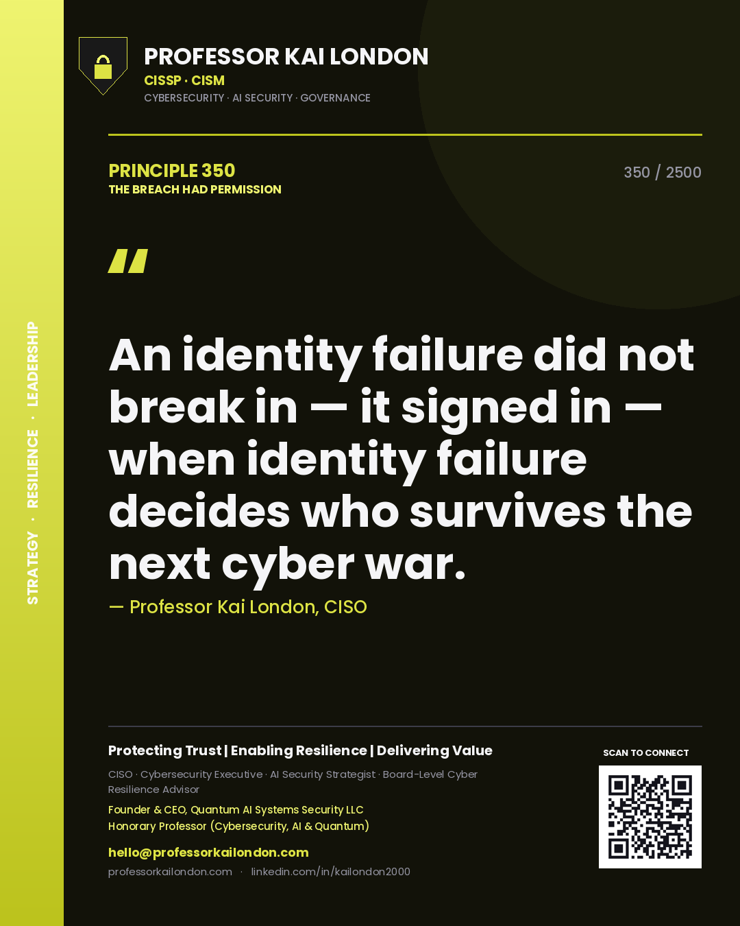 Professor Kai London principle 350: An identity failure did not break in — it signed in — when identity failure decides who survives the next cyber war.