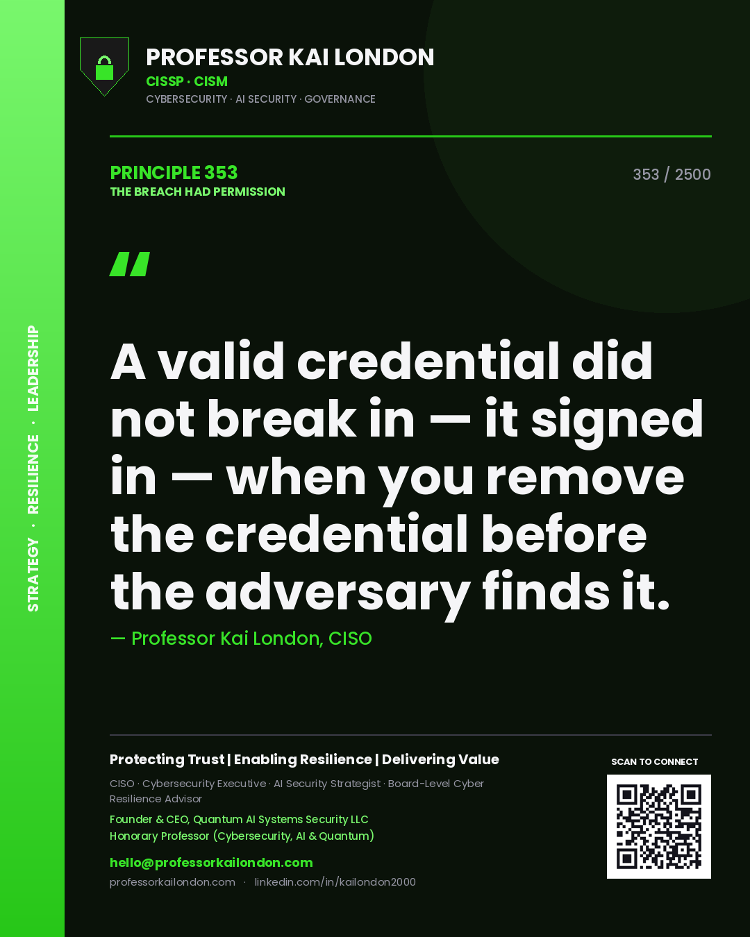Professor Kai London principle 353: A valid credential did not break in — it signed in — when you remove the credential before the adversary finds it.
