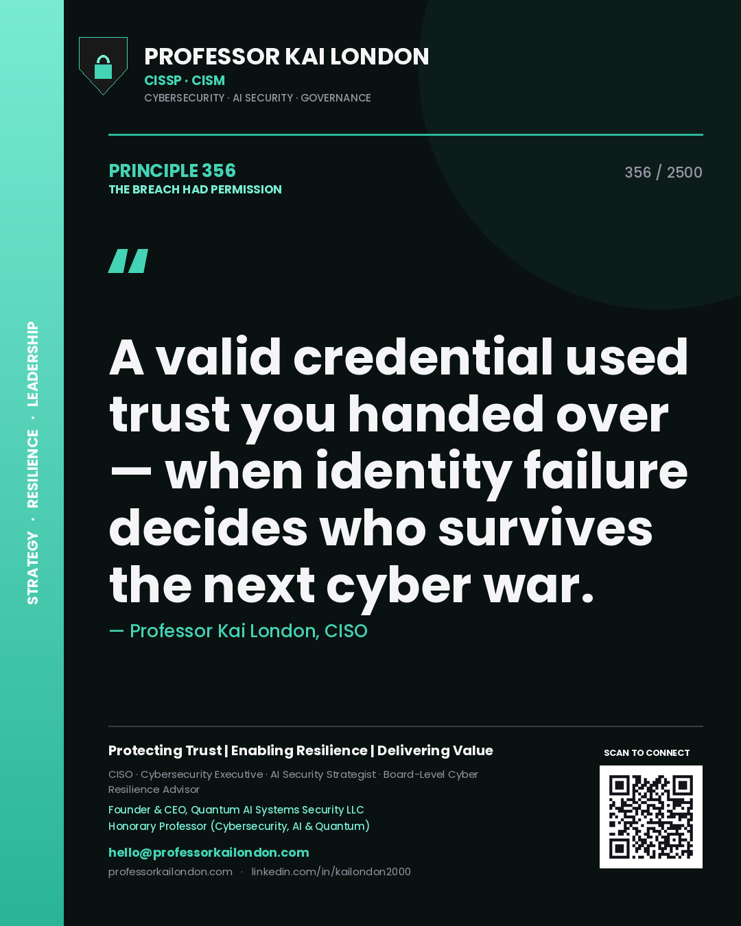 Professor Kai London principle 356: A valid credential used trust you handed over — when identity failure decides who survives the next cyber war.