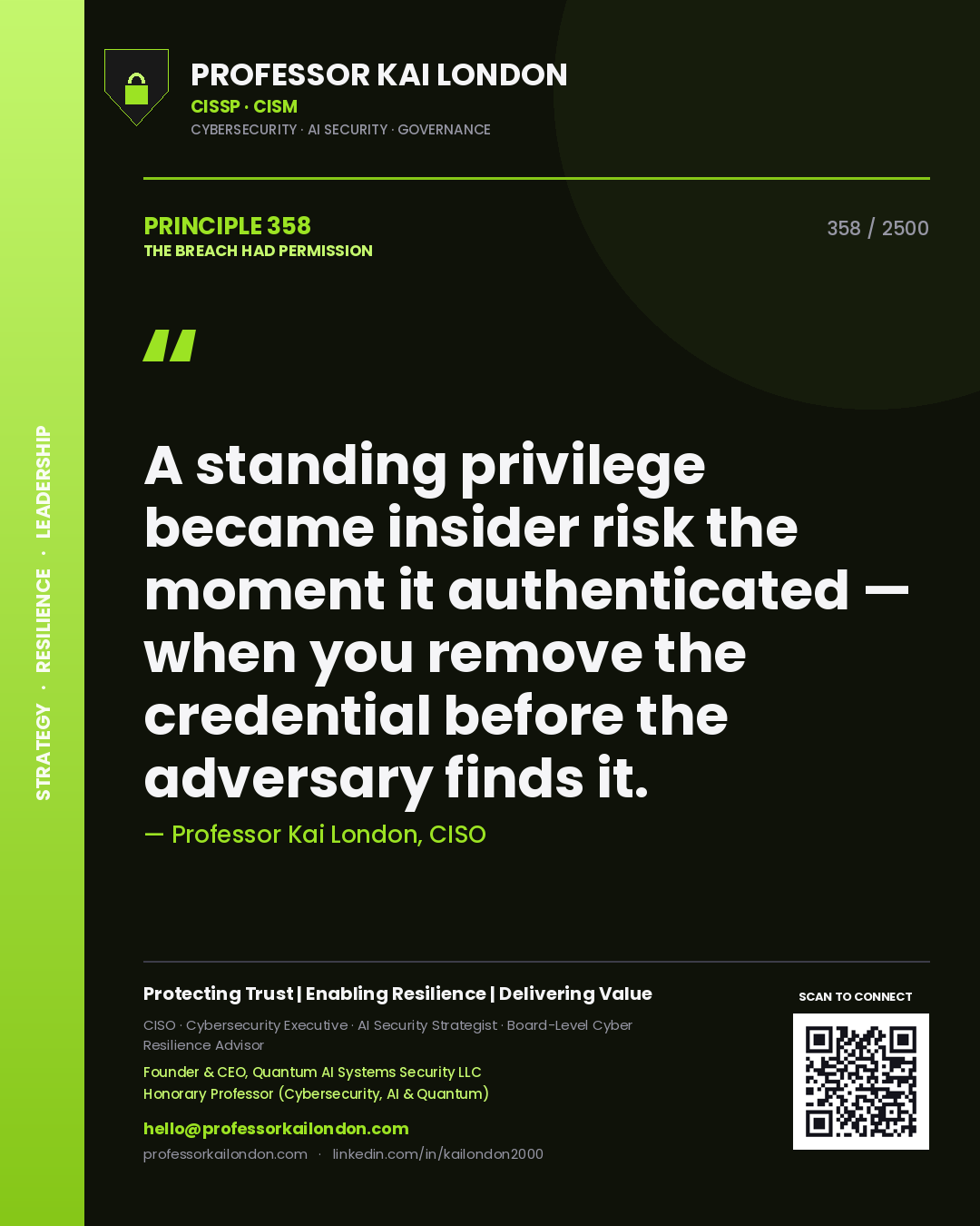 Professor Kai London principle 358: A standing privilege became insider risk the moment it authenticated — when you remove the credential before the adversary finds it.