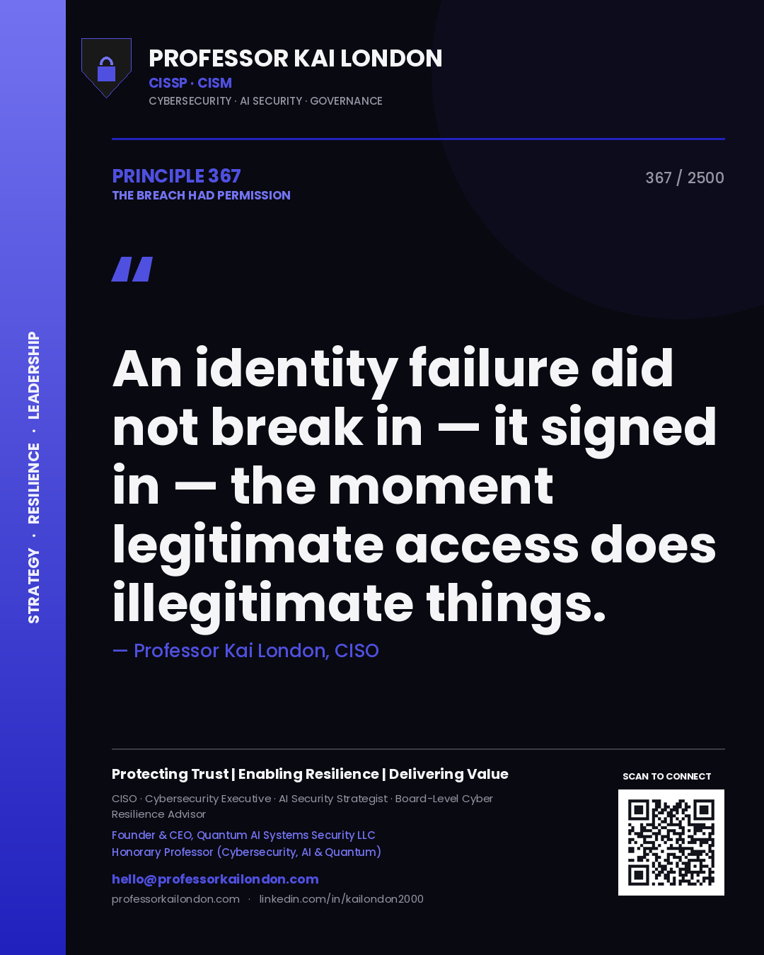 Quote card by Professor Kai London reading 'An identity failure did not break in — it signed in — the moment legitimate access does illegitimate things.'. From the book The Breach Had Permission.