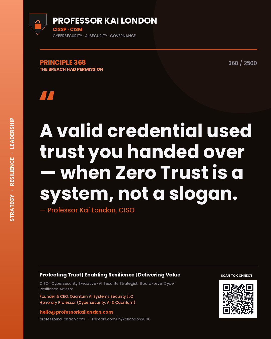 Professor Kai London principle 368: A valid credential used trust you handed over — when Zero Trust is a system, not a slogan.