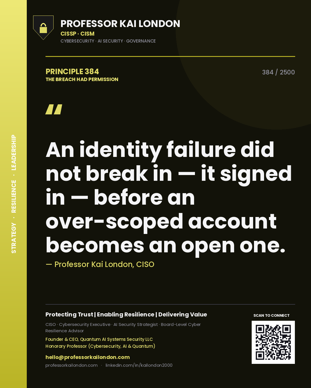 Quote card by Professor Kai London reading 'An identity failure did not break in — it signed in — before an over-scoped account becomes an open one.'. From the book The Breach Had Permission.