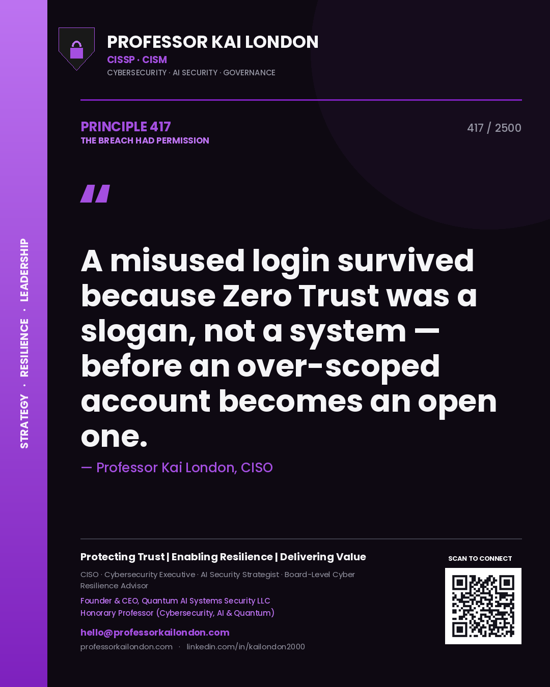 Professor Kai London principle 417: A misused login survived because Zero Trust was a slogan, not a system — before an over-scoped account becomes an open one.