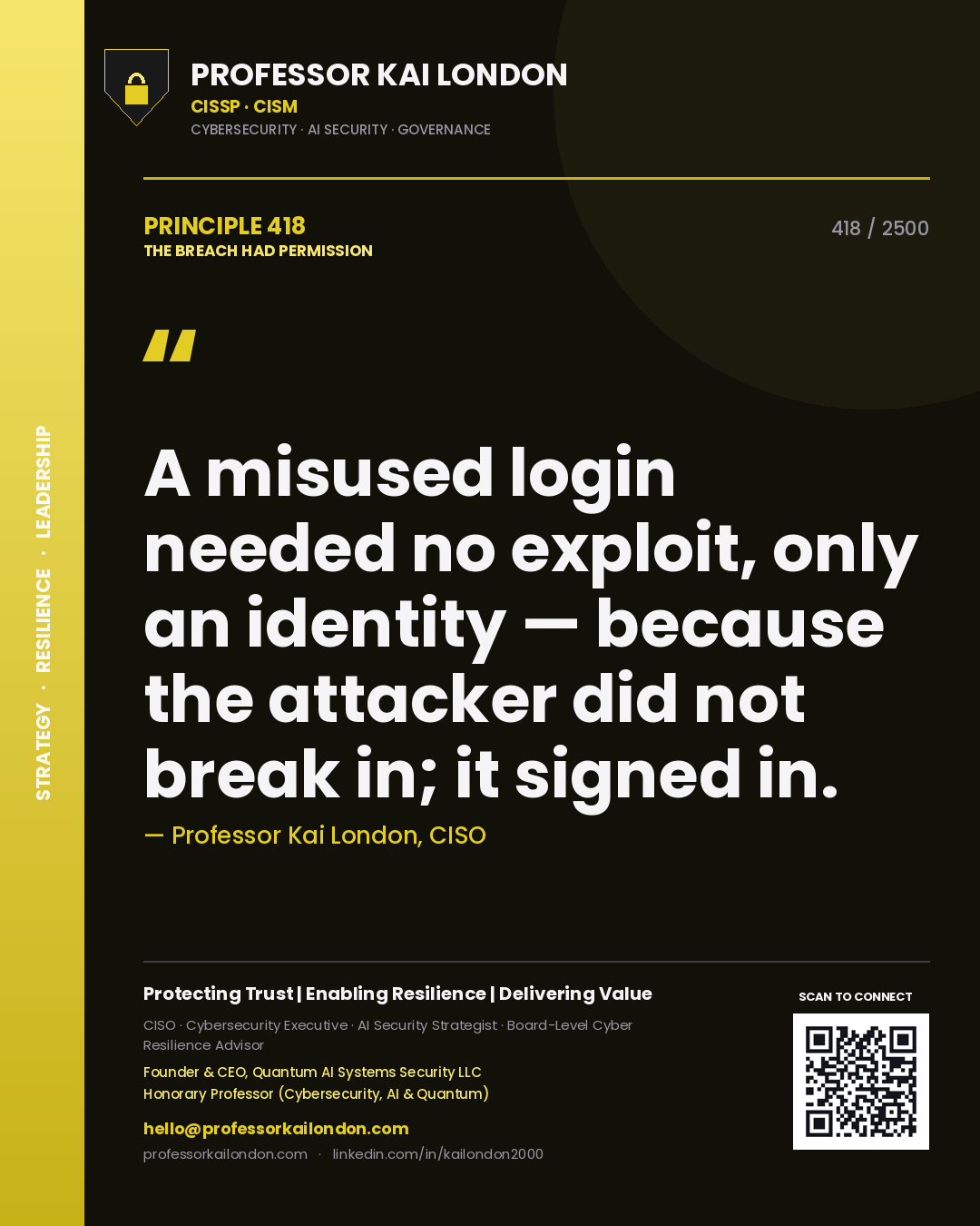 Quote card by Professor Kai London reading 'A misused login needed no exploit, only an identity — because the attacker did not break in; it signed in.'. From the book The Breach Had Permission.