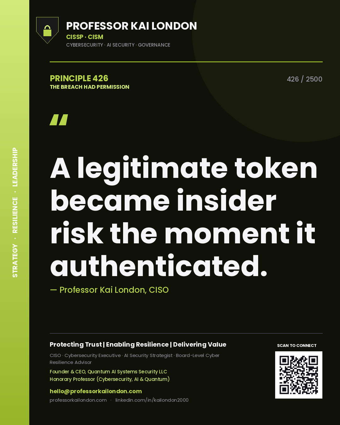 Quote card by Professor Kai London reading 'A legitimate token became insider risk the moment it authenticated.'. From the book The Breach Had Permission.
