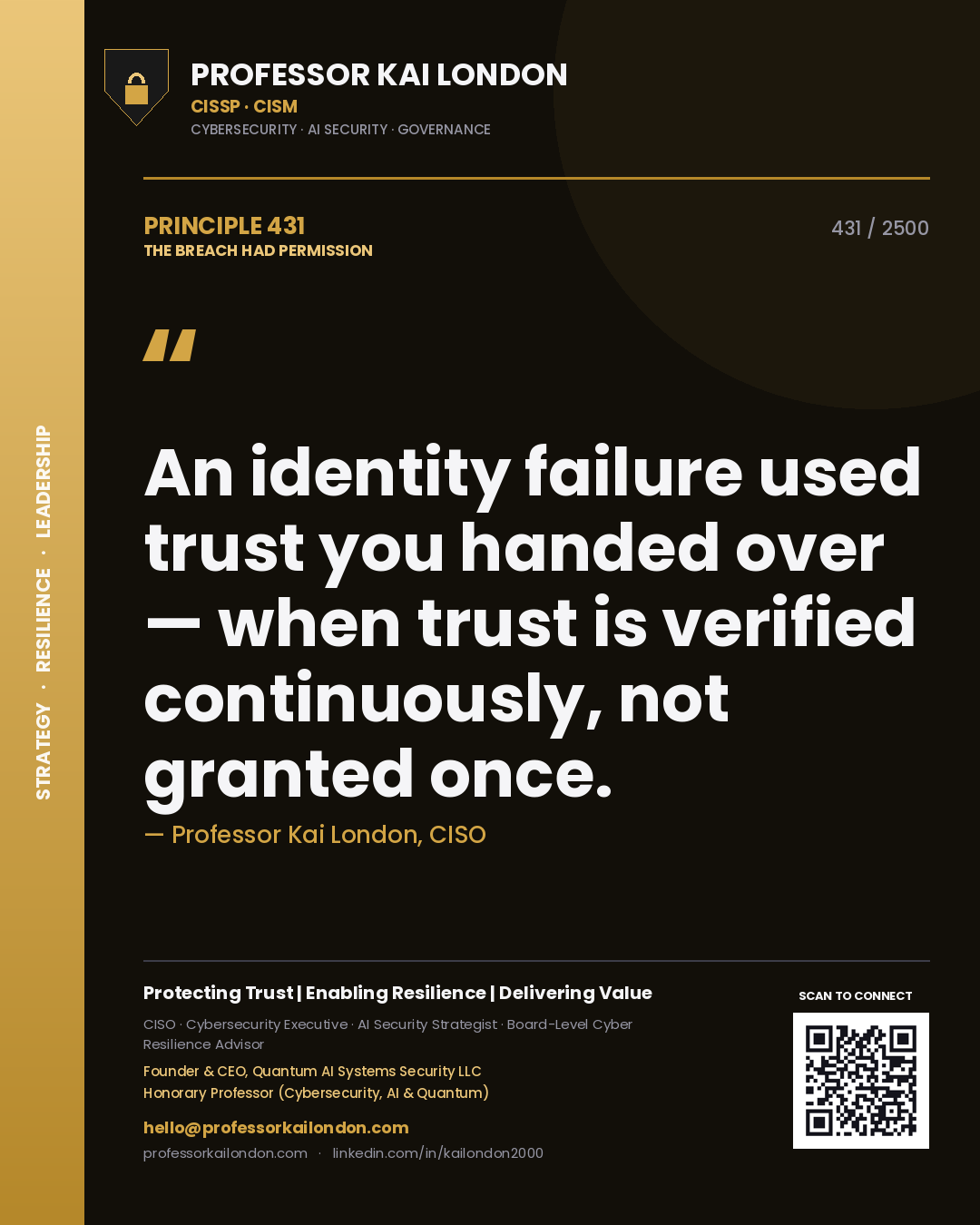 Professor Kai London principle 431: An identity failure used trust you handed over — when trust is verified continuously, not granted once.