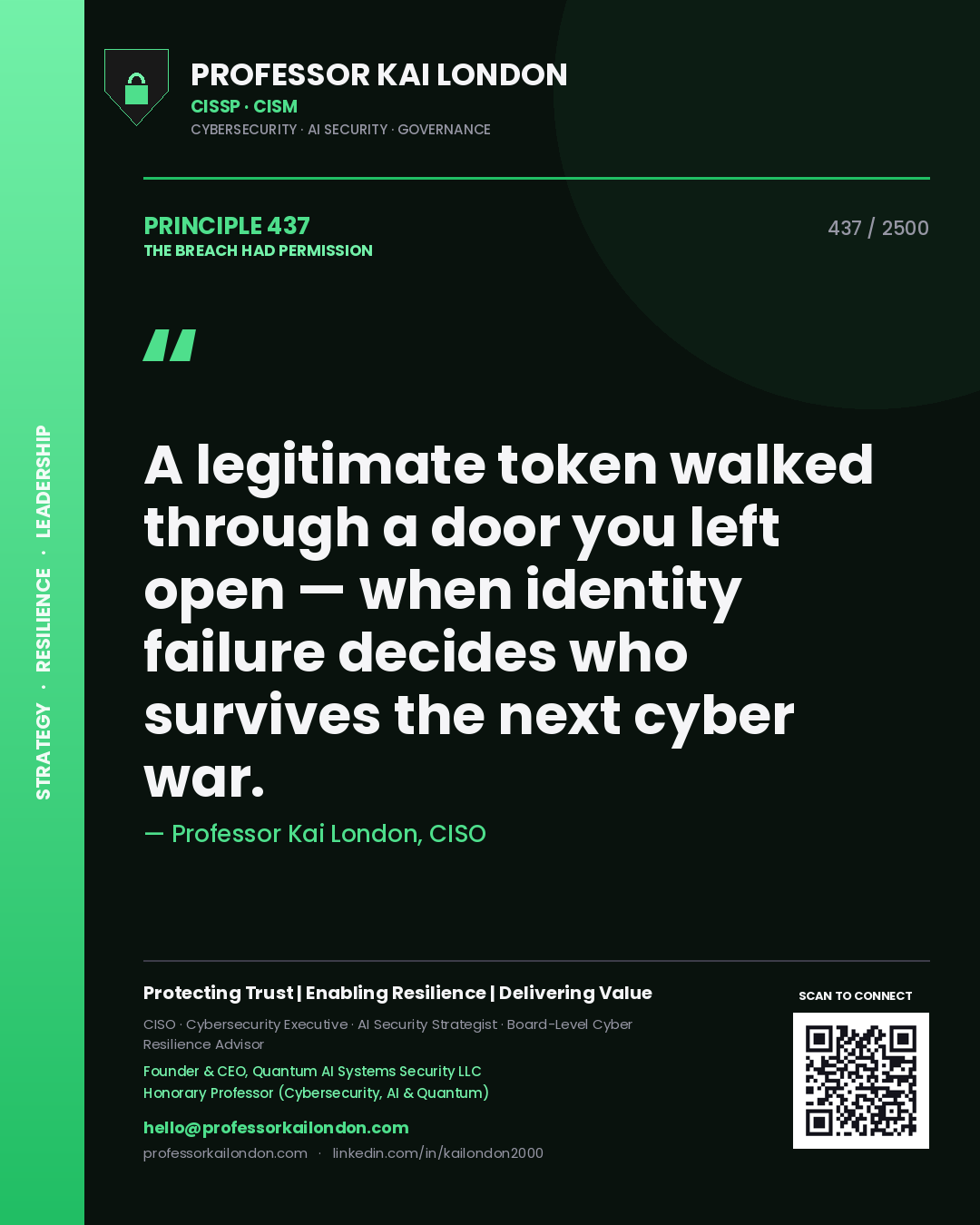 Professor Kai London principle 437: A legitimate token walked through a door you left open — when identity failure decides who survives the next cyber war.
