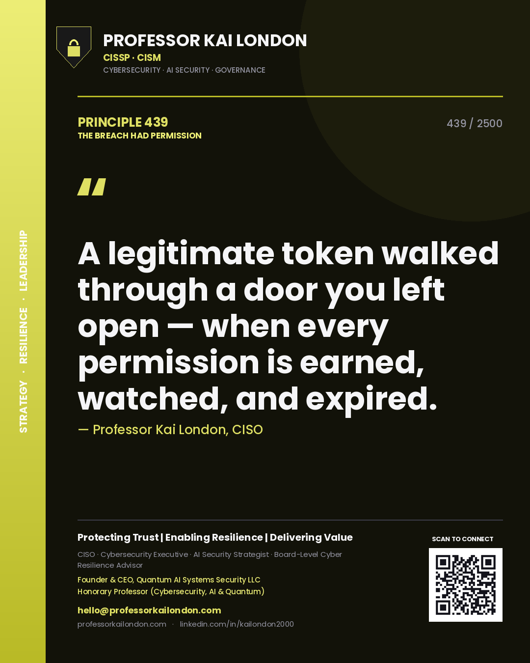 Quote card by Professor Kai London reading 'A legitimate token walked through a door you left open — when every permission is earned, watched, and expired.'. From the book The Breach Had Permission.