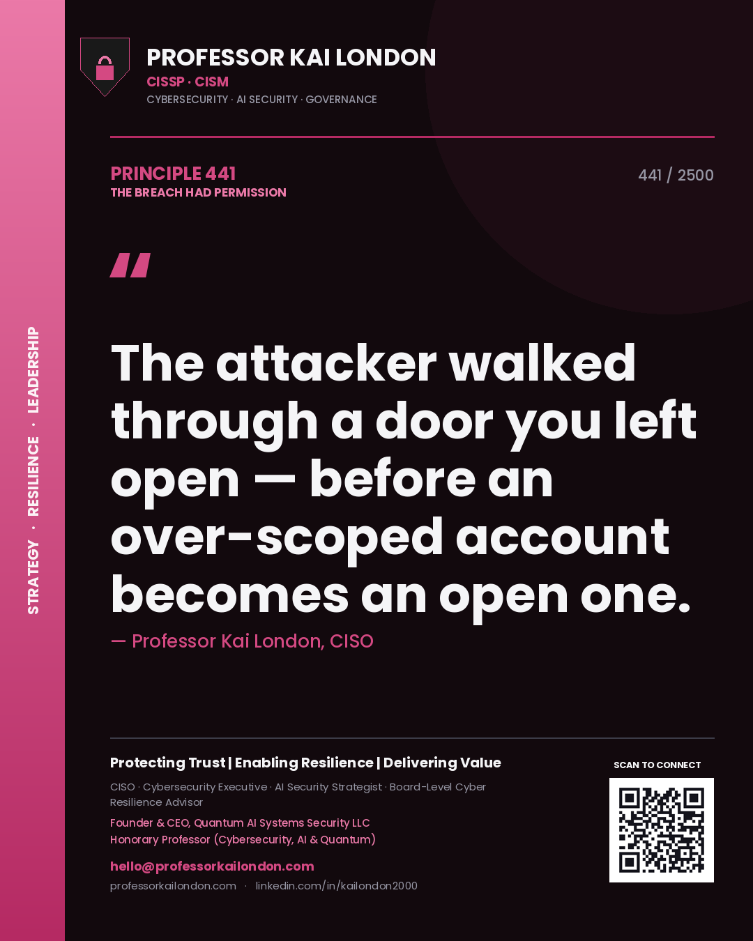 Professor Kai London principle 441: The attacker walked through a door you left open — before an over-scoped account becomes an open one.