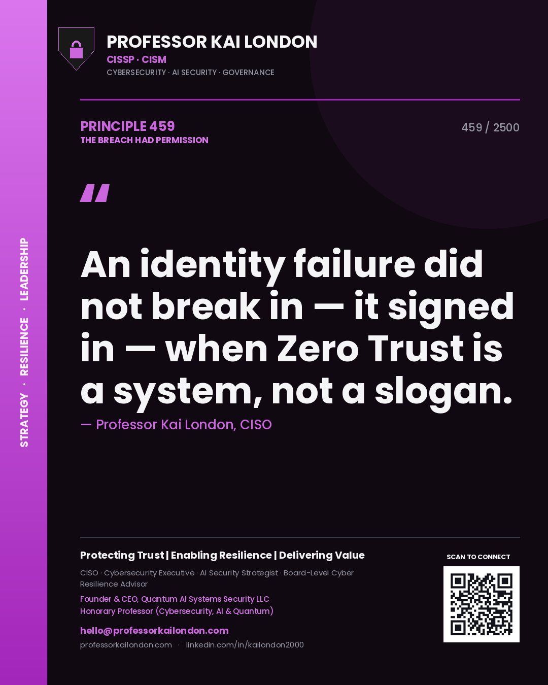 Quote card by Professor Kai London reading 'An identity failure did not break in — it signed in — when Zero Trust is a system, not a slogan.'. From the book The Breach Had Permission.