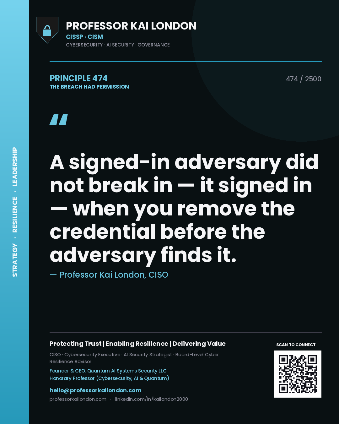 Professor Kai London principle 474: A signed-in adversary did not break in — it signed in — when you remove the credential before the adversary finds it.