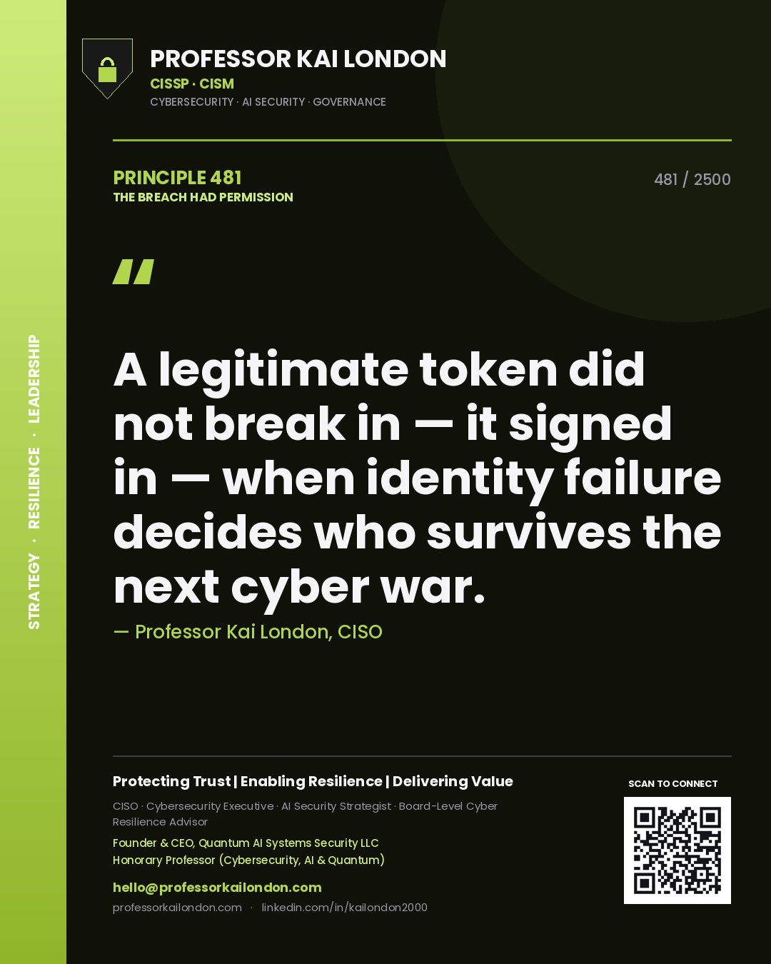 Quote card by Professor Kai London reading 'A legitimate token did not break in — it signed in — when identity failure decides who survives the next cyber war.'. From the book The Breach Had Permission.